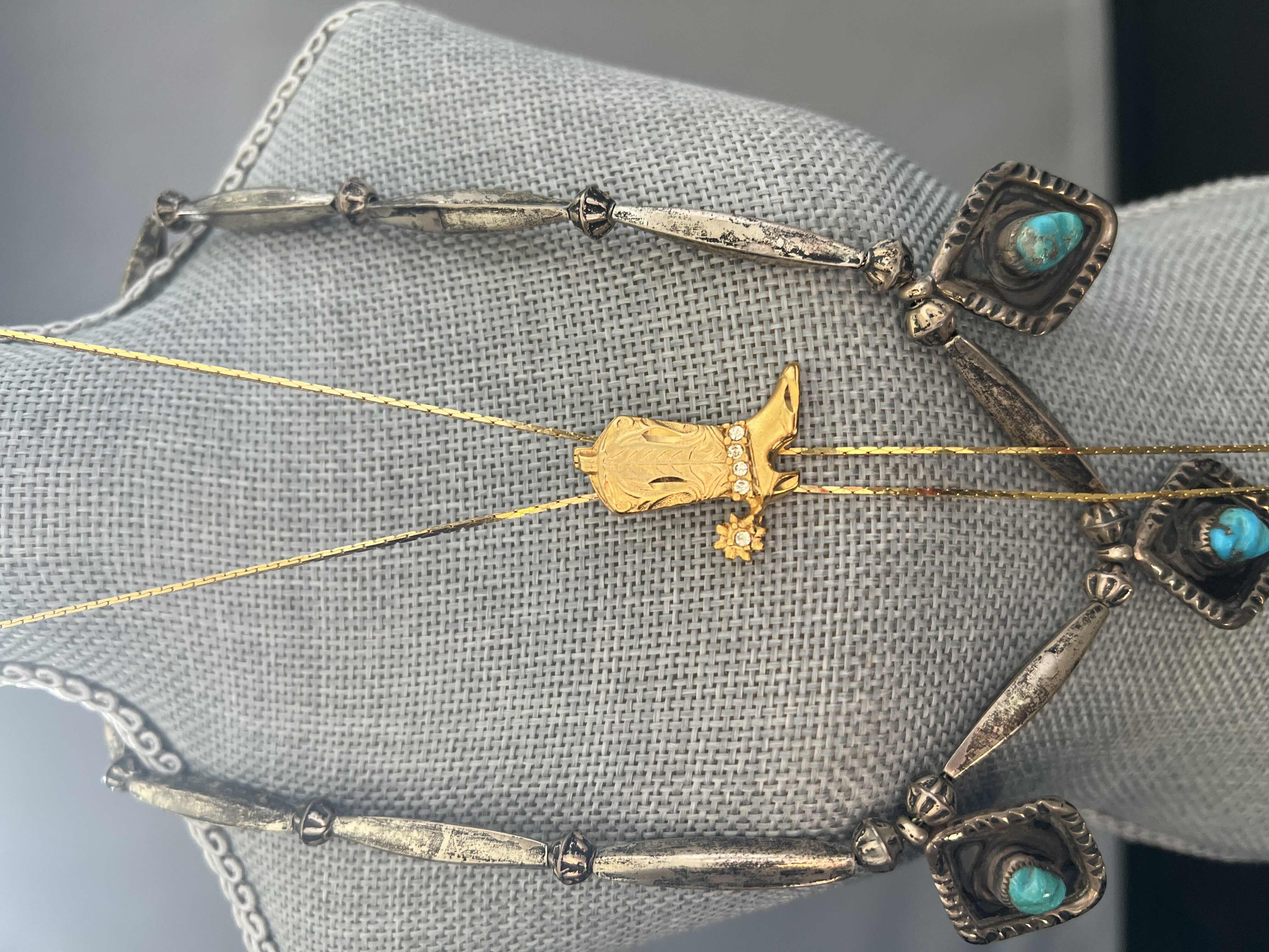 Photo 1 of 4 PIECES OF COWGIRL CHIC JEWELRY.  2-NECKLACES AND 2-PAIRS OF EARRINGS. GOLD, TURQUOISE  AND SPARKLES.