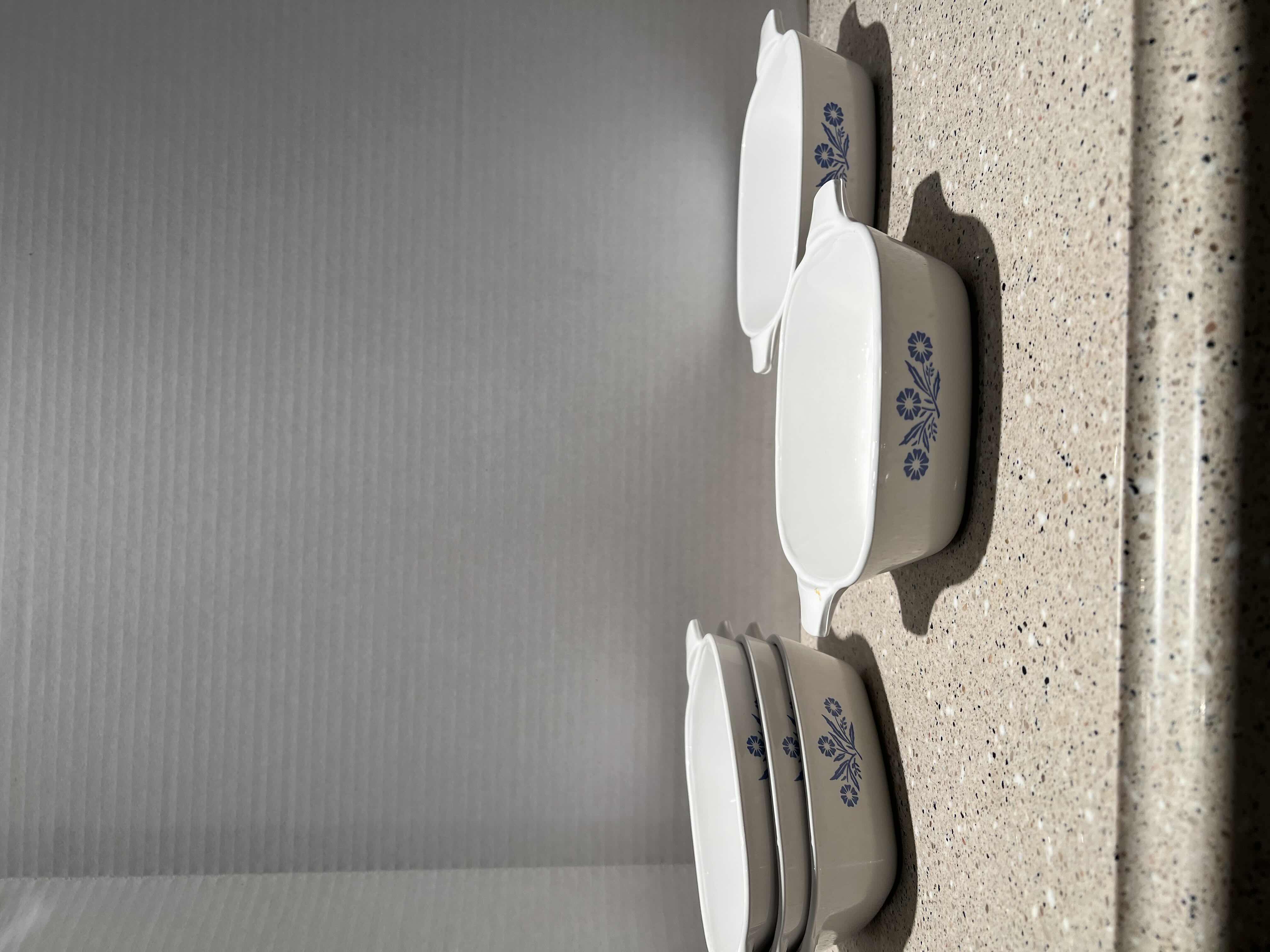 Photo 1 of 5-VINTAGE CORNFLOWER PATTERN CORNINGWARE PETIT PANS WITH LIDS.