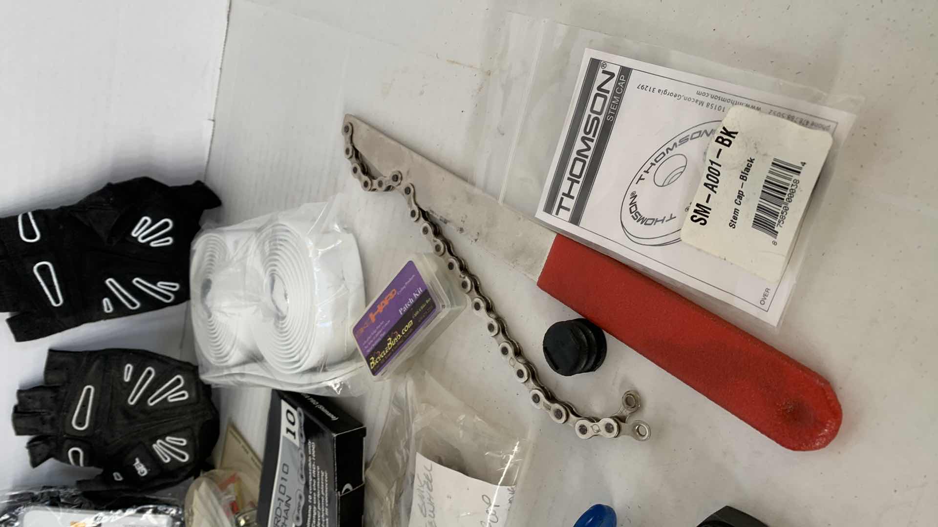 Photo 1 of ASSORTED BICYCLEPARTS AND ACCESSORIES. TOOLS, GLOVES, GAUGES ETC.
