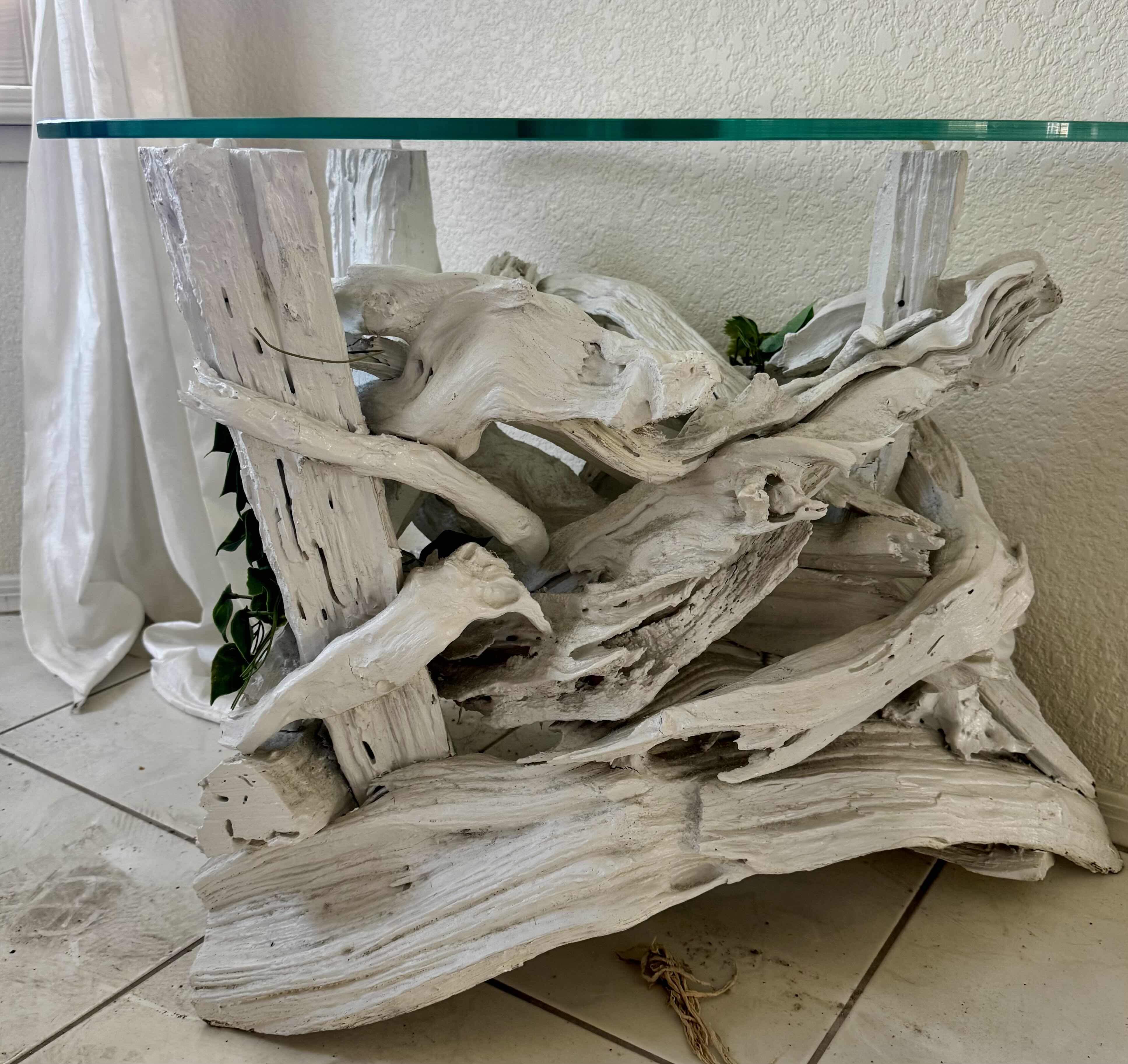 Photo 1 of VINTAGE MID CENTURY  WHITE DRIFTWOOD STYLED END TABLE WITH GLASS TOP, 29“ x 20“ H 22”. 1 OF 2 IN SET (SOLD SEPARATELY)