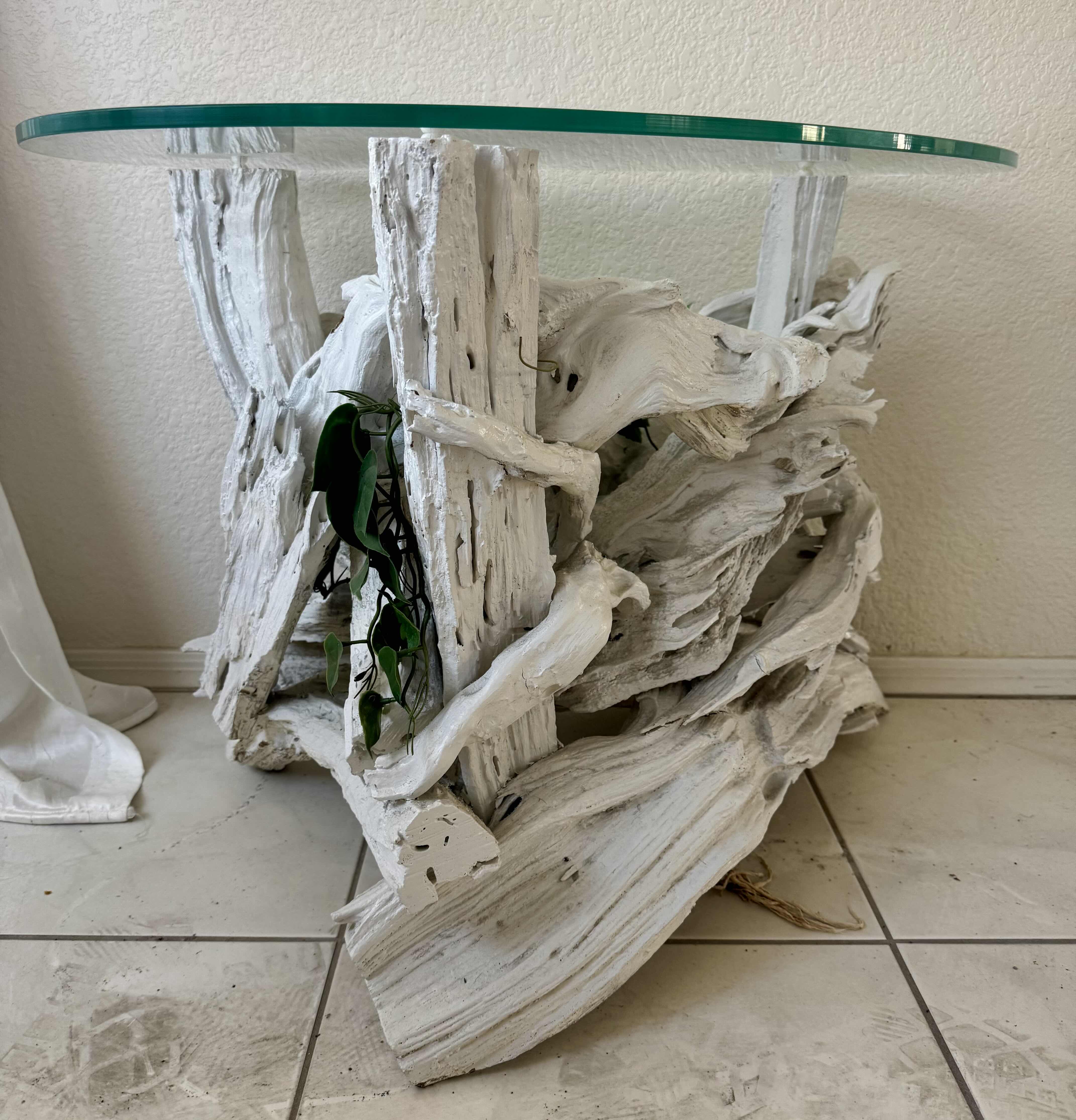 Photo 1 of VINTAGE MID CENTURY  WHITE DRIFTWOOD STYLED END TABLE WITH GLASS TOP, 29“ x 20“ H 22”. 1 OF 2 IN SET (SOLD SEPARATELY)