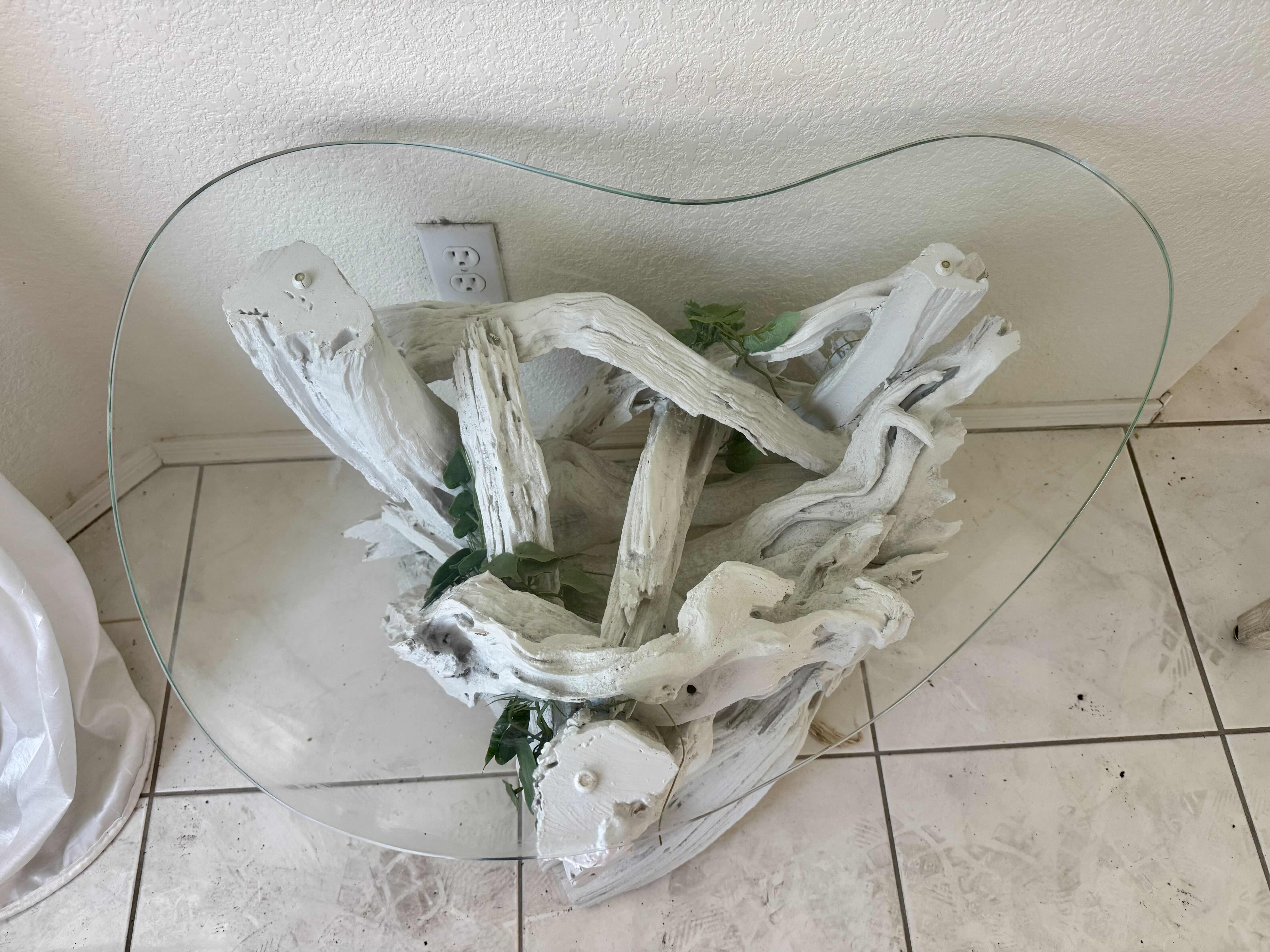 Photo 1 of VINTAGE MID CENTURY  WHITE DRIFTWOOD STYLED END TABLE WITH GLASS TOP, 29“ x 20“ H 22”. 1 OF 2 IN SET (SOLD SEPARATELY)