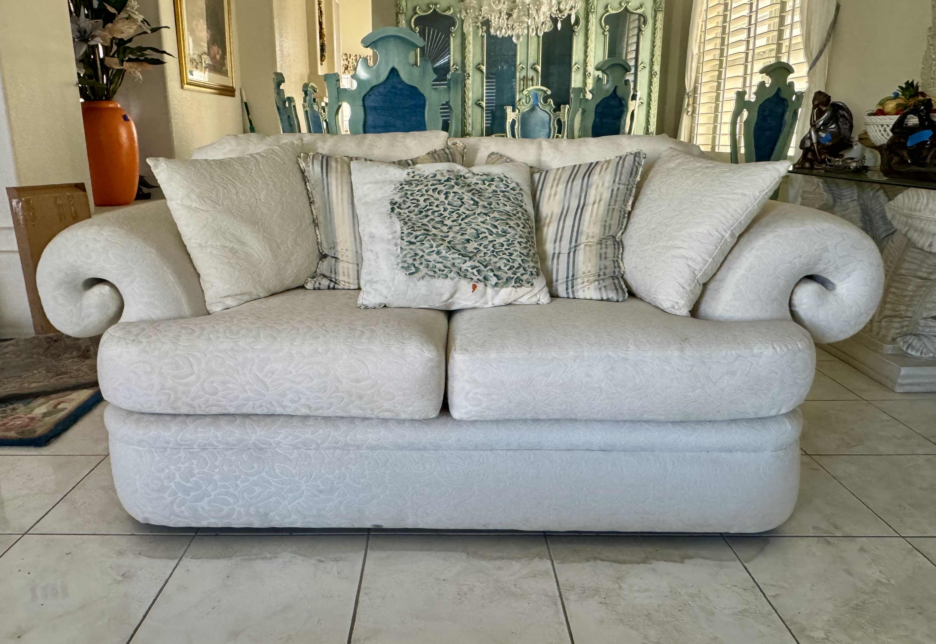 Photo 1 of WHITE JACQARD FRENCH REVIVAL LOVESEAT 84”. PART OF SET (SOLD SEPARATELY)