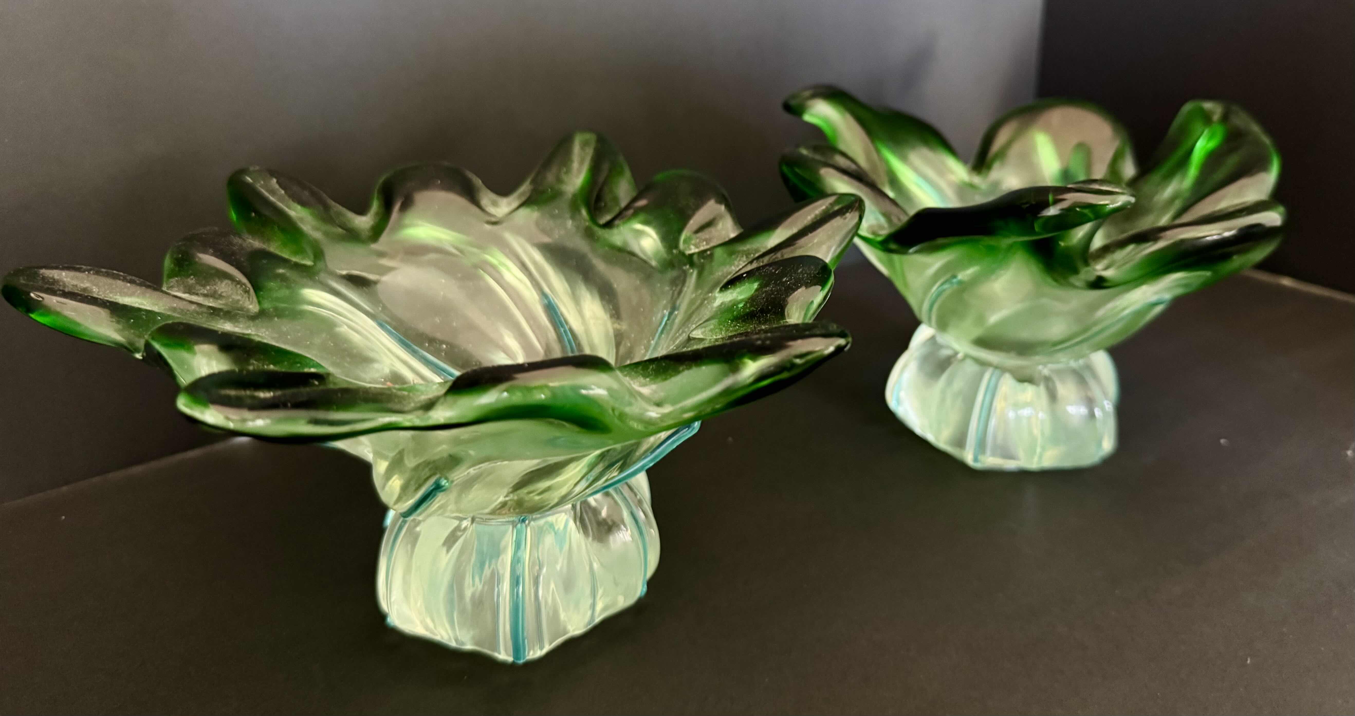 Photo 1 of 2 - VINTAGE HAND-BLOWN GREEN GLASS TRINKET BOWLS H4”
