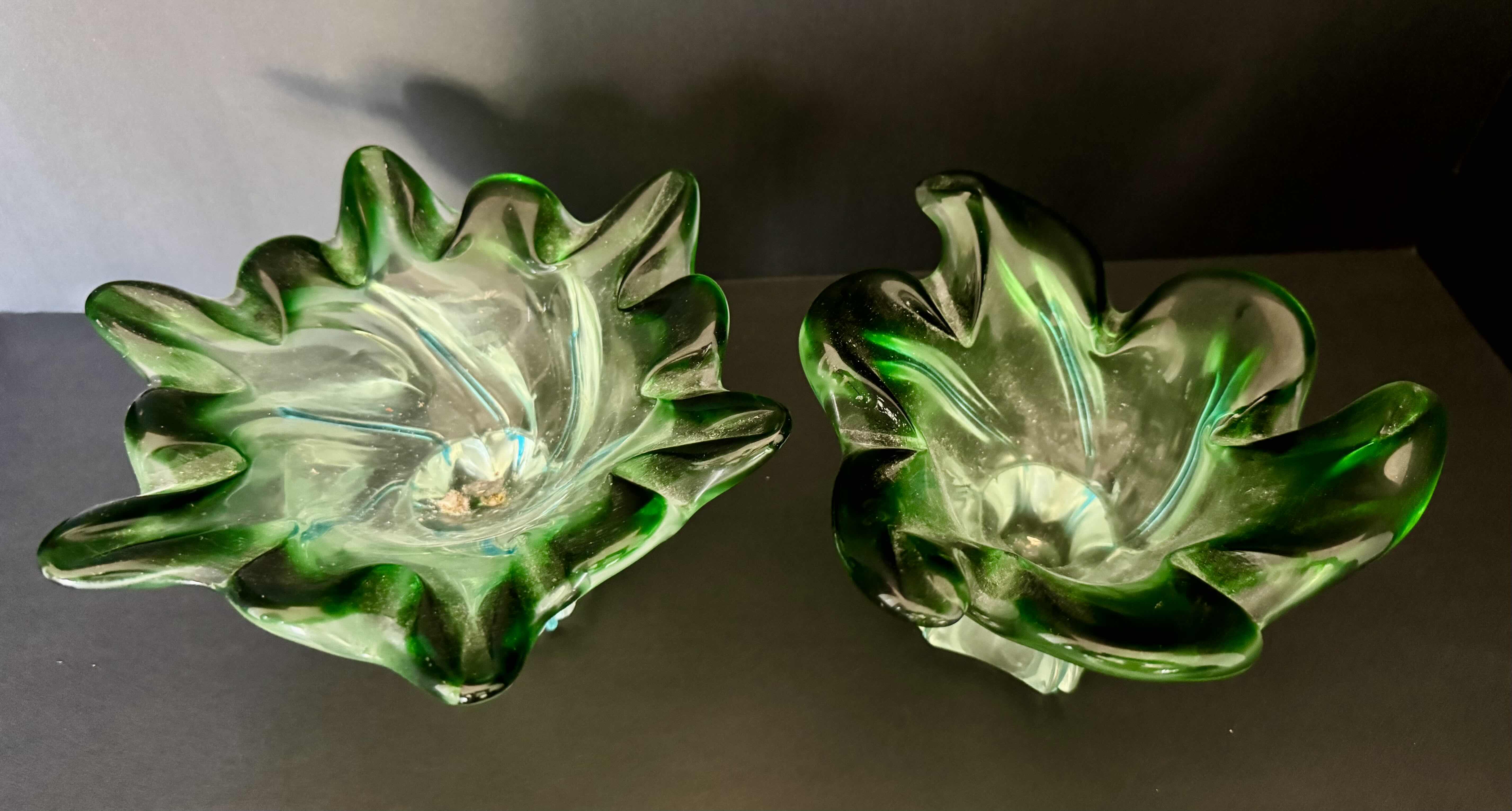 Photo 1 of 2 - VINTAGE HAND-BLOWN GREEN GLASS TRINKET BOWLS H4”
