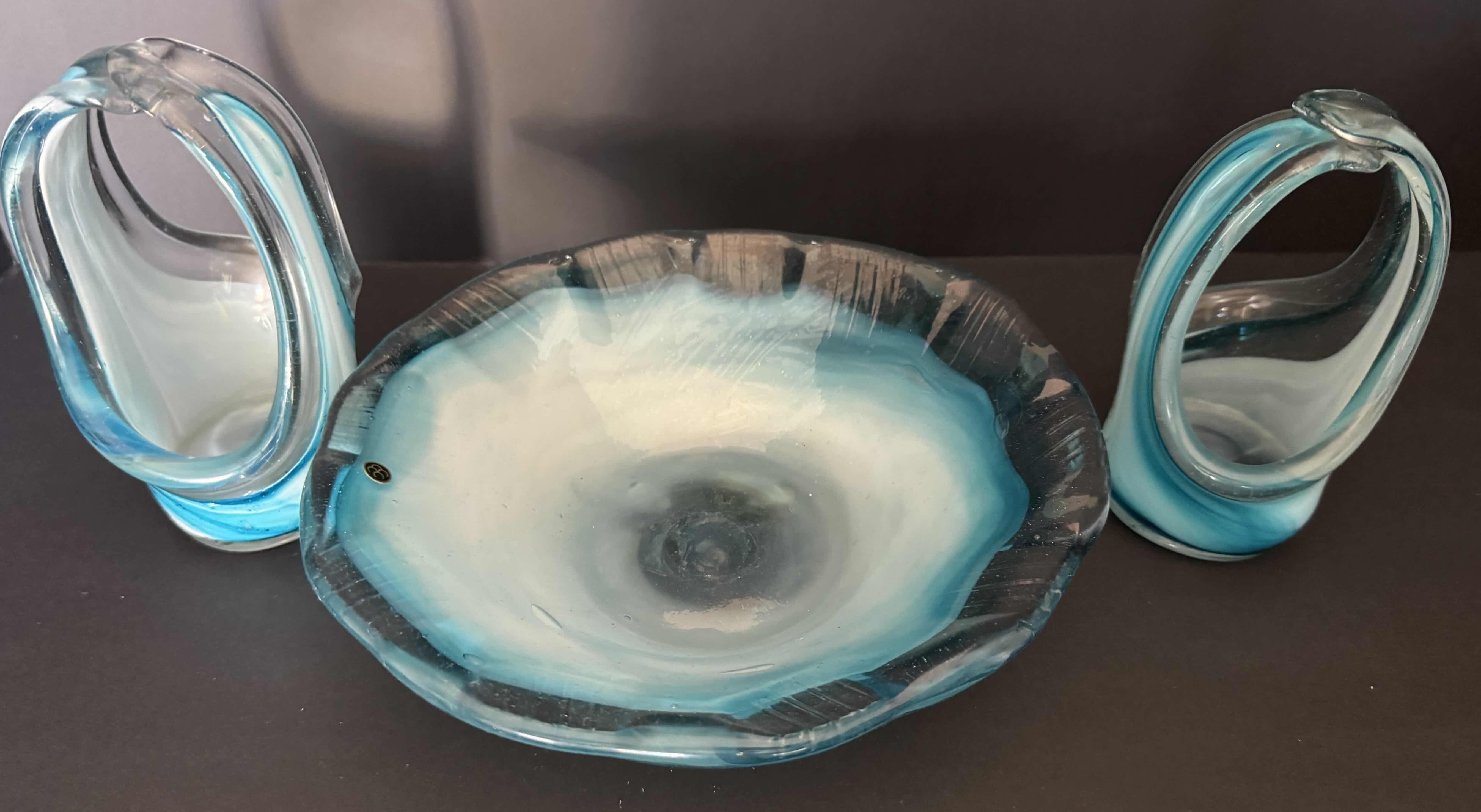 Photo 1 of 3-BLOWN GLASS MURANO STYLE  BLUE DECORATIVE VASES H 2” & 6”