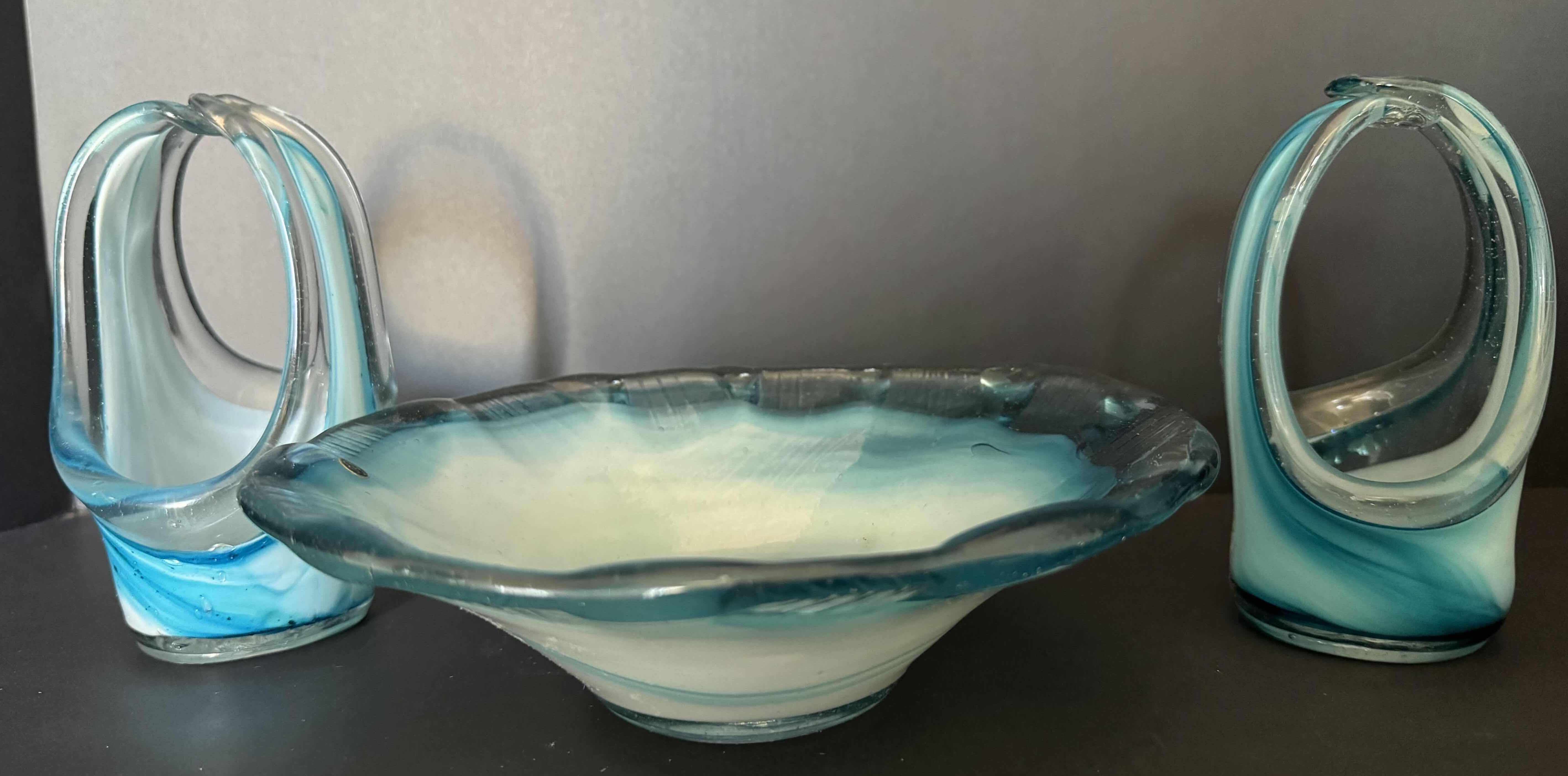 Photo 1 of 3-BLOWN GLASS MURANO STYLE  BLUE DECORATIVE VASES H 2” & 6”