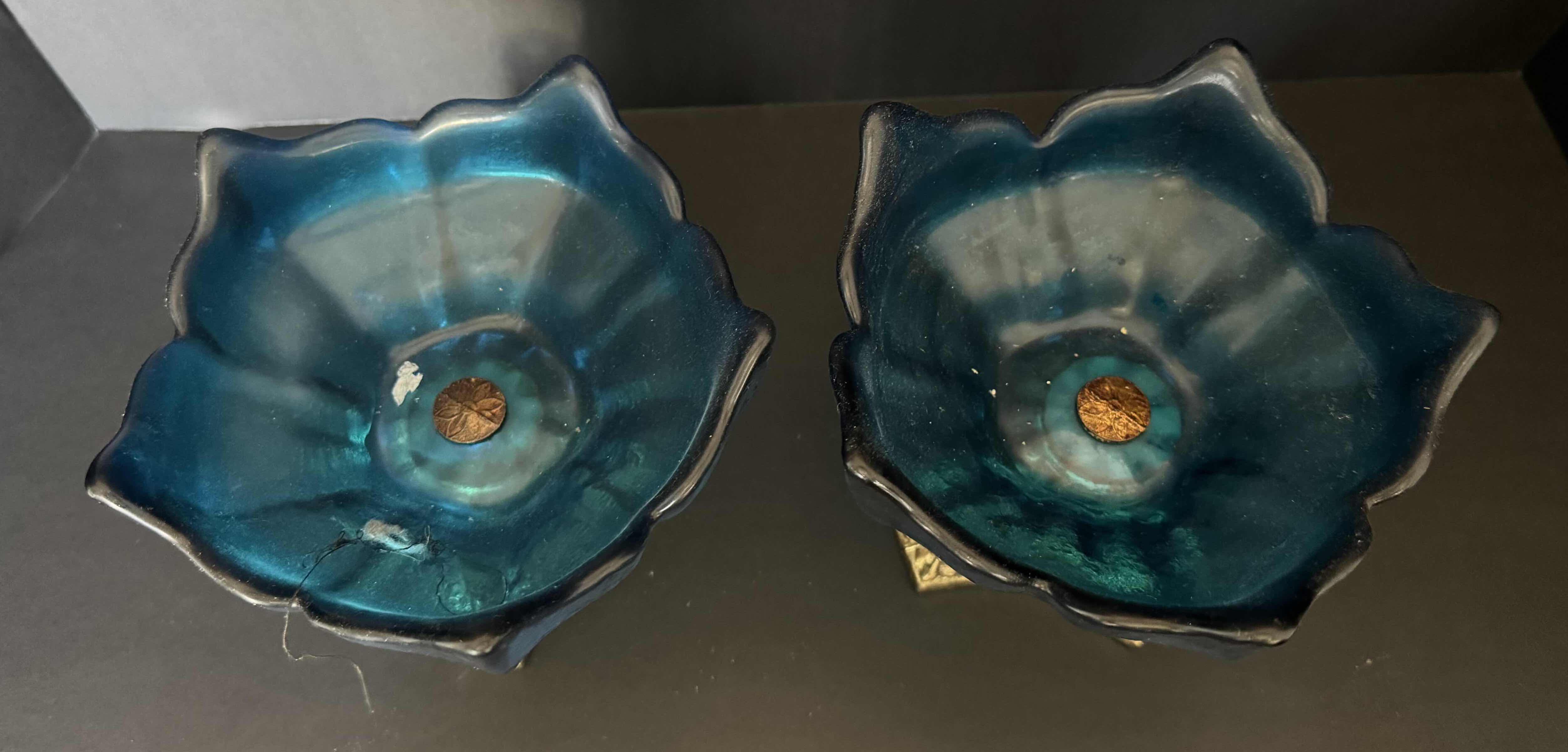 Photo 1 of 2-VINTAGE COBALT BLUE GLASS & GOLD BRASS BASE COMPOTE BOWLS H7”