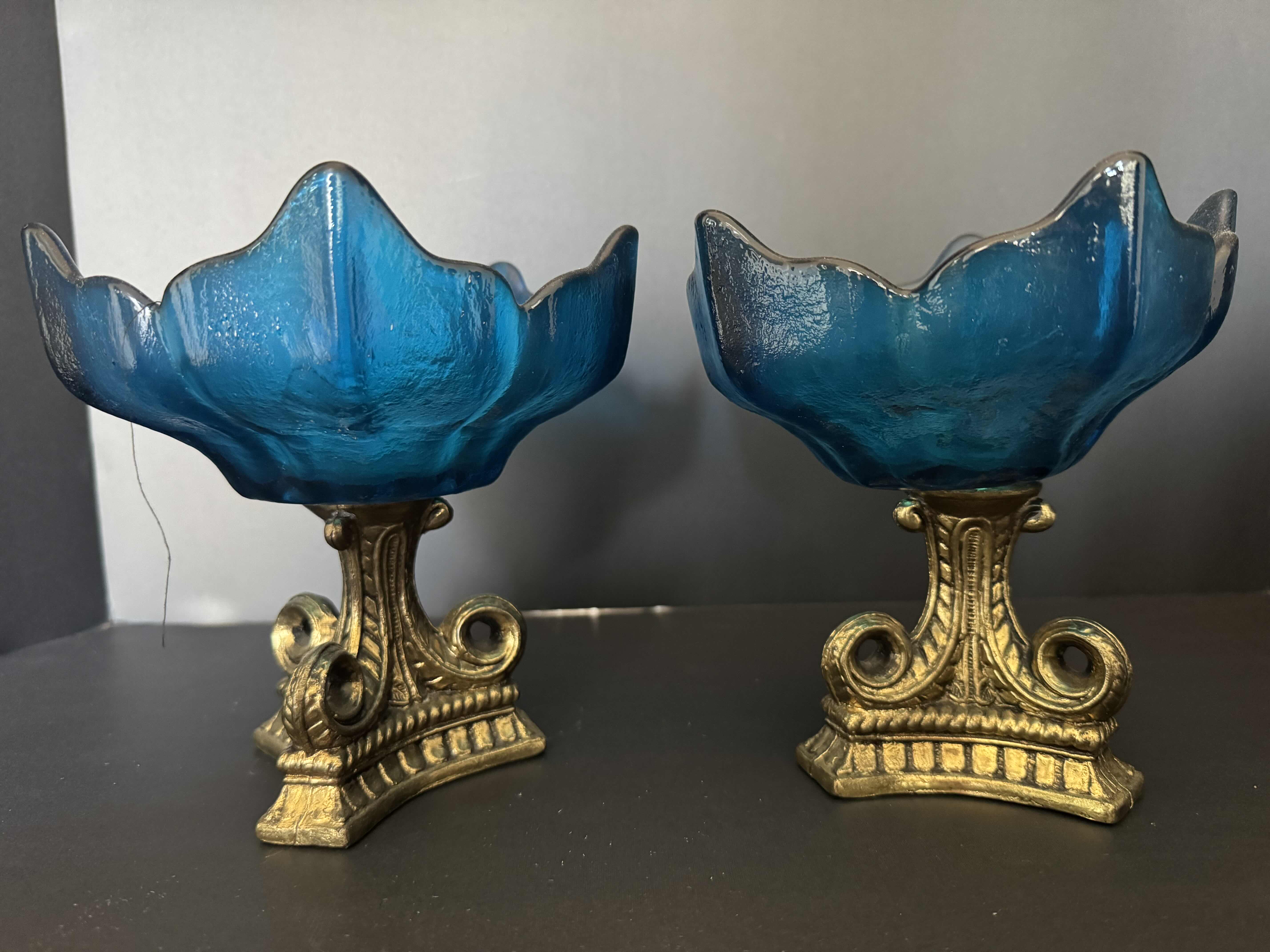 Photo 1 of 2-VINTAGE COBALT BLUE GLASS & GOLD BRASS BASE COMPOTE BOWLS H7”