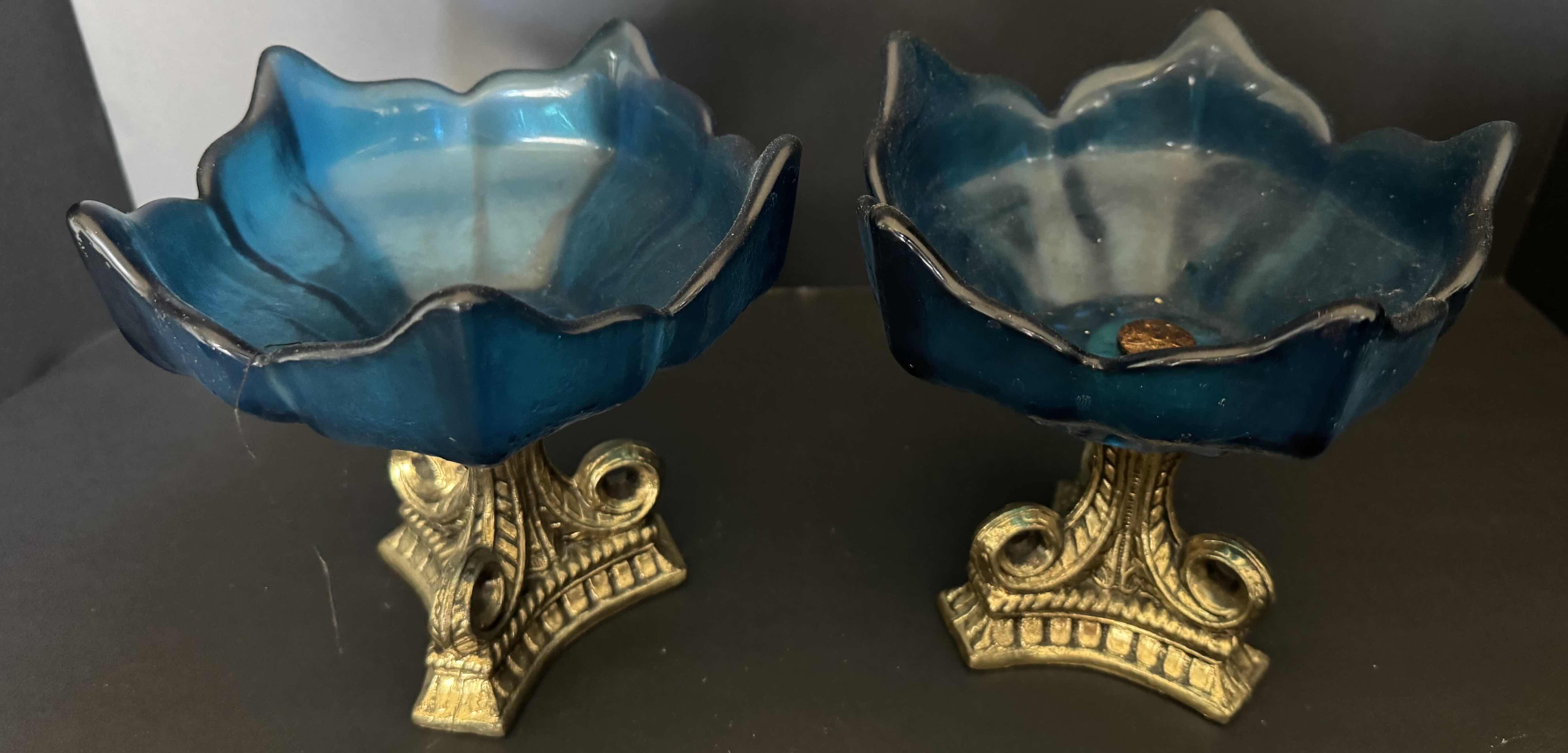 Photo 2 of 2-VINTAGE COBALT BLUE GLASS & GOLD BRASS BASE COMPOTE BOWLS H7”