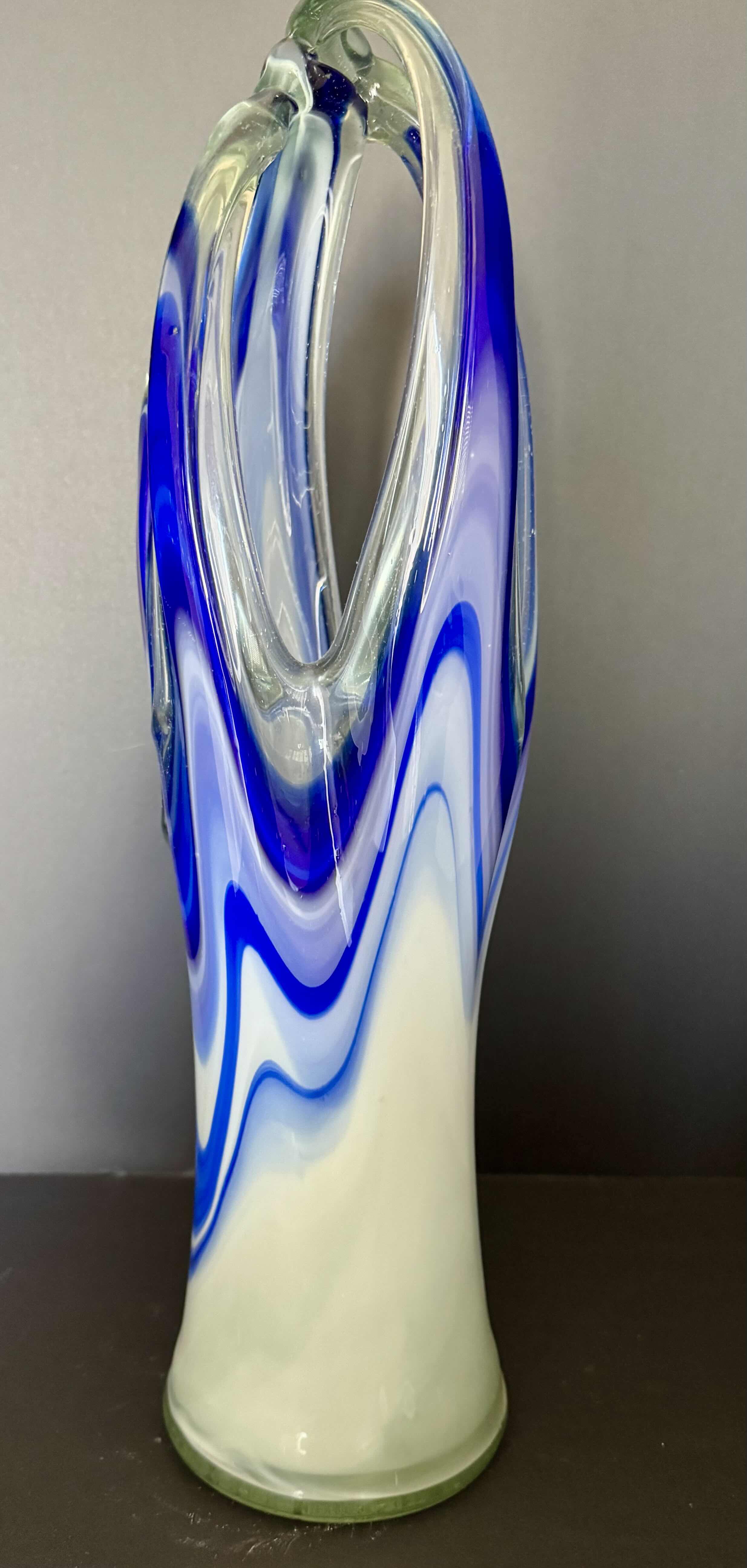 Photo 1 of VINTAGE HAND-BLOWN BLUE SWIRL GLASS ART VASE H19”