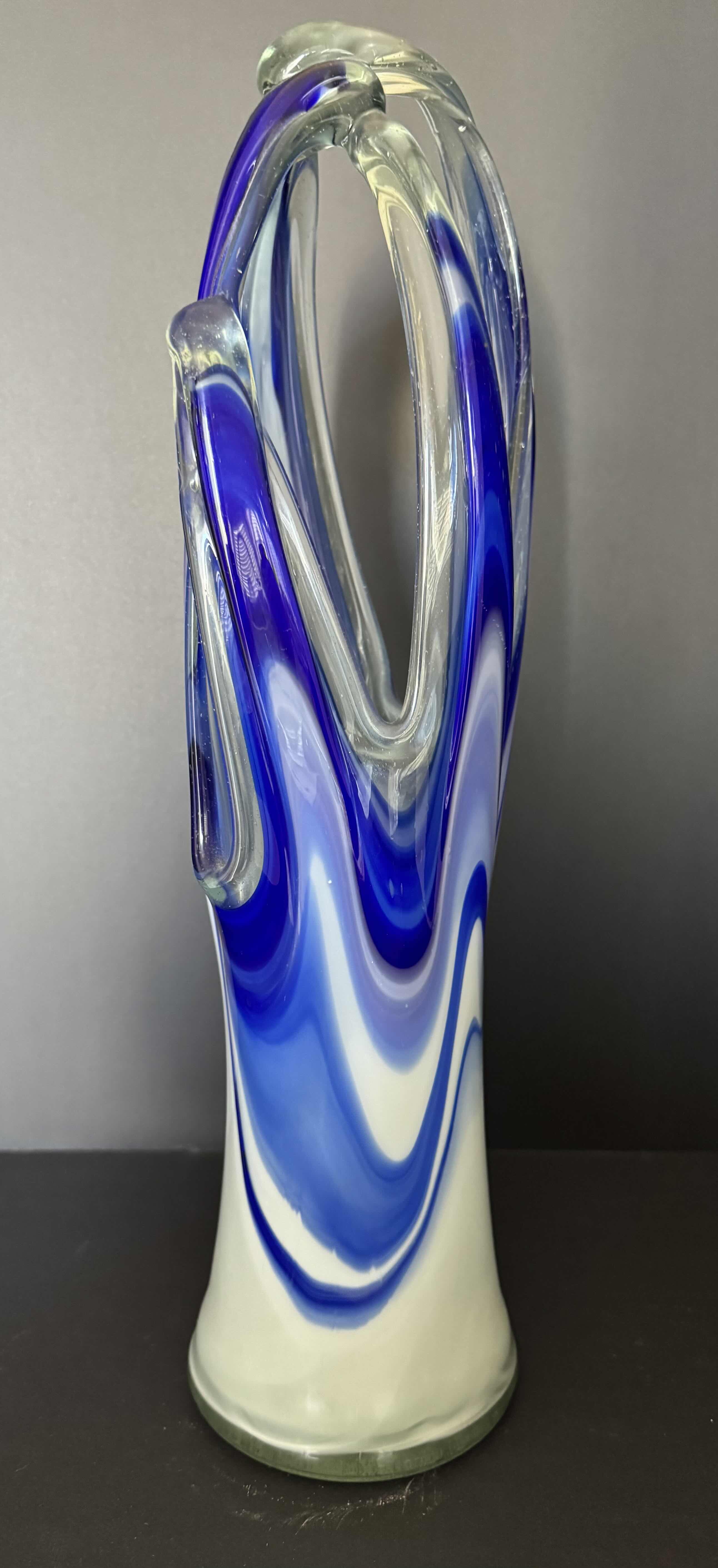 Photo 1 of VINTAGE HAND-BLOWN BLUE SWIRL GLASS ART VASE H19”