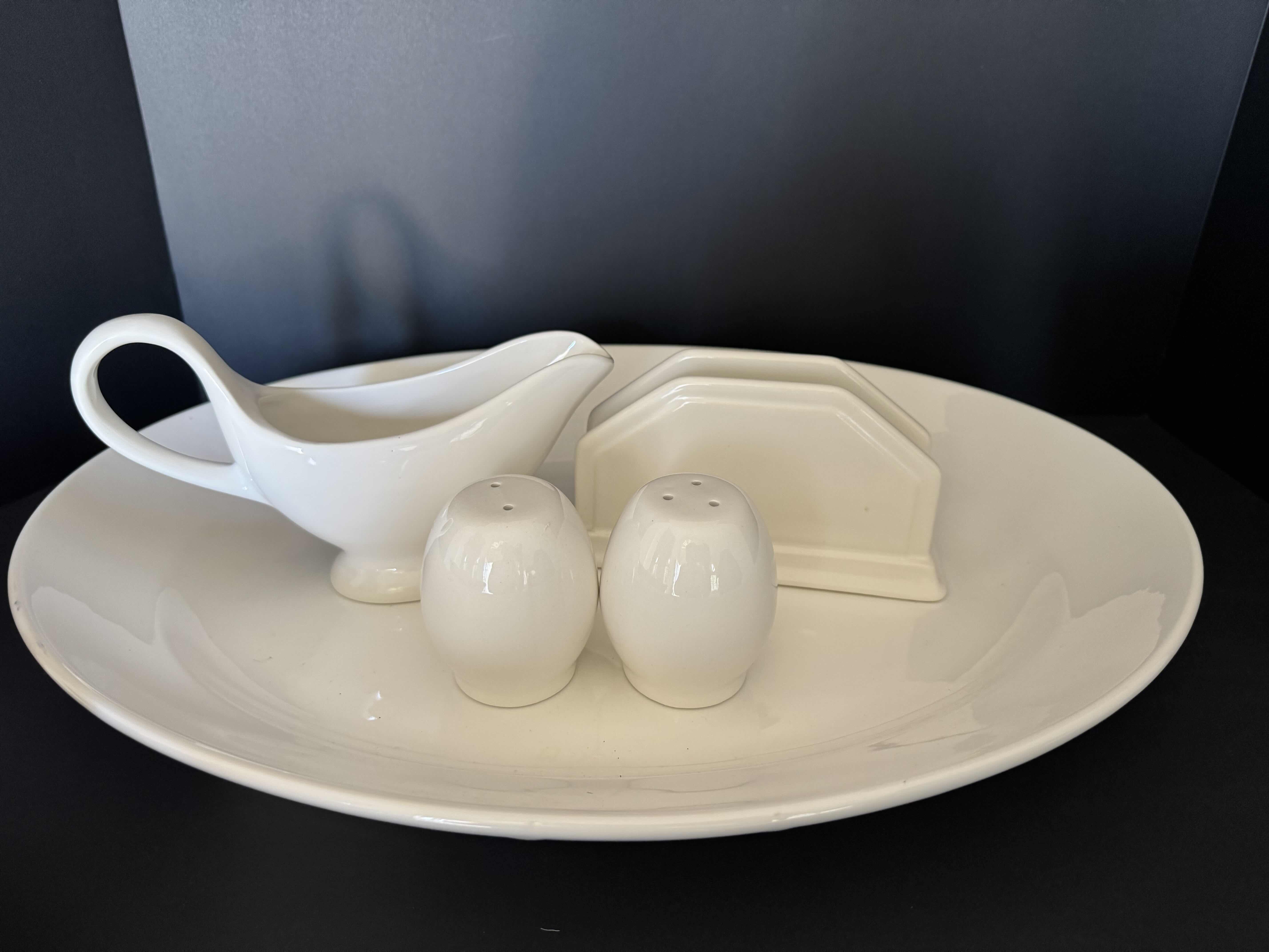 Photo 2 of OFF WHITE LARGE SERVING BOWL WITH SALT AND PEPPER SHAKERS
