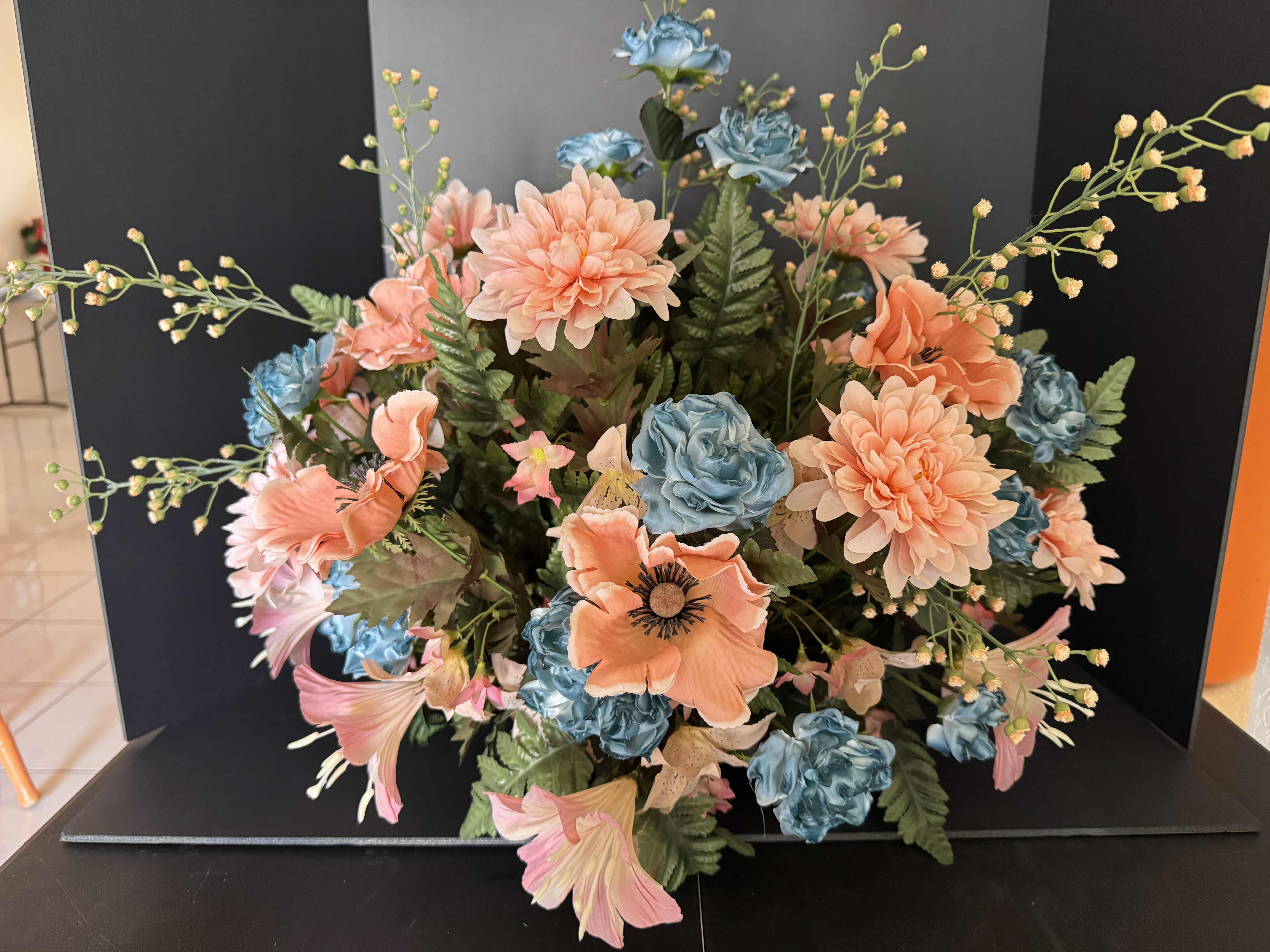 Photo 1 of SILK FLOWER CENTERPIECE VASE. PEACH AND BLUE COLORED. 25” X H23”
