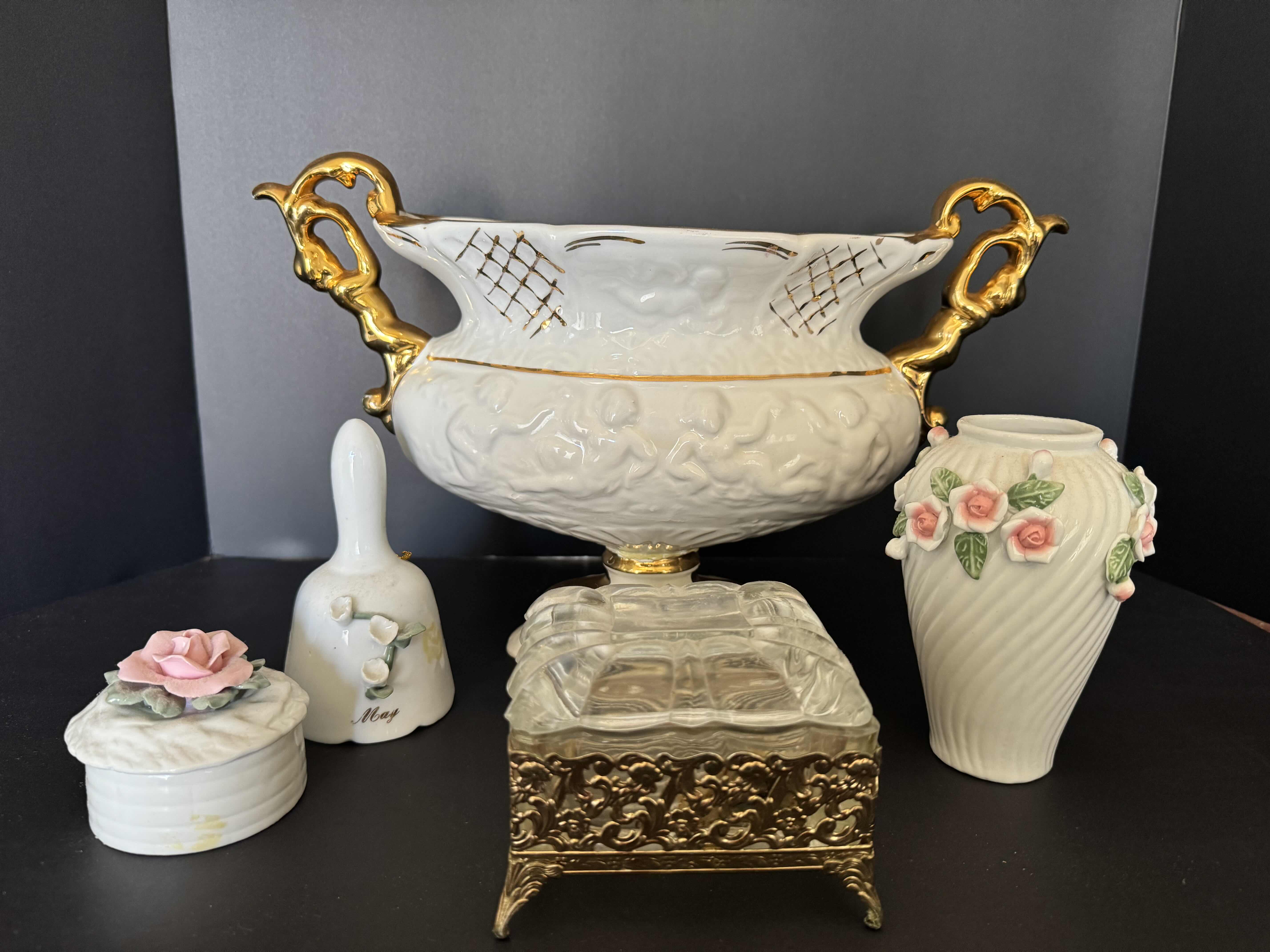 Photo 1 of 5-HOME DECOR-CERAMIC DECORATIVE VASE, CANDY DISH, BELL AND JEWLERY BOX WITH LID.