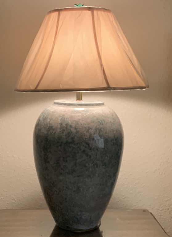 Photo 1 of HIGH GLOSS ANTIQUED GREEN TABLE LAMP W SHADE H33” 