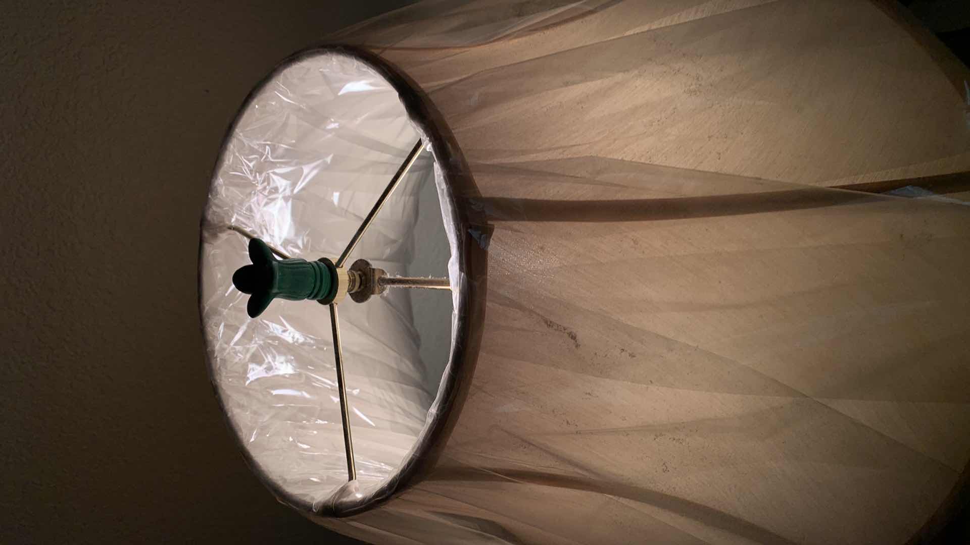 Photo 1 of HIGH GLOSS ANTIQUED GREEN TABLE LAMP W SHADE H33” 