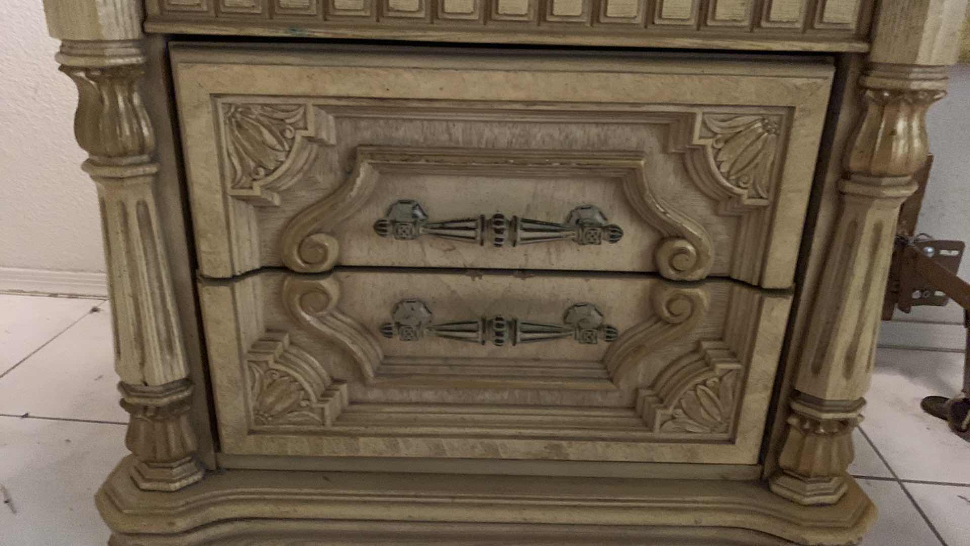 Photo 1 of VINTAGE TUSCAN STYLE END TABLE 31” X 17” H 25” WITH GLASS TOP OVERLAY. 1 OF TWO IN SET, SOLD SEPARATELY.