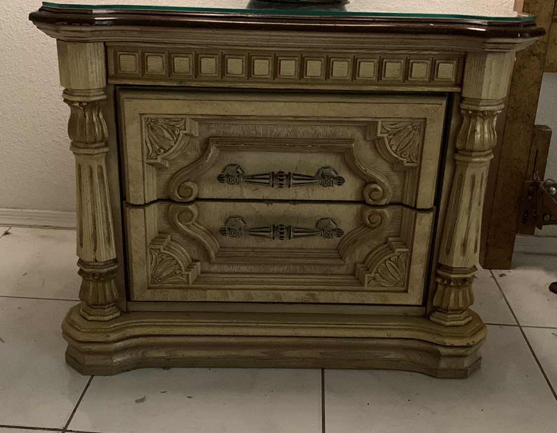 Photo 1 of VINTAGE TUSCAN STYLE END TABLE 31” X 17” H 25” WITH GLASS TOP OVERLAY. 1 OF TWO IN SET, SOLD SEPARATELY.