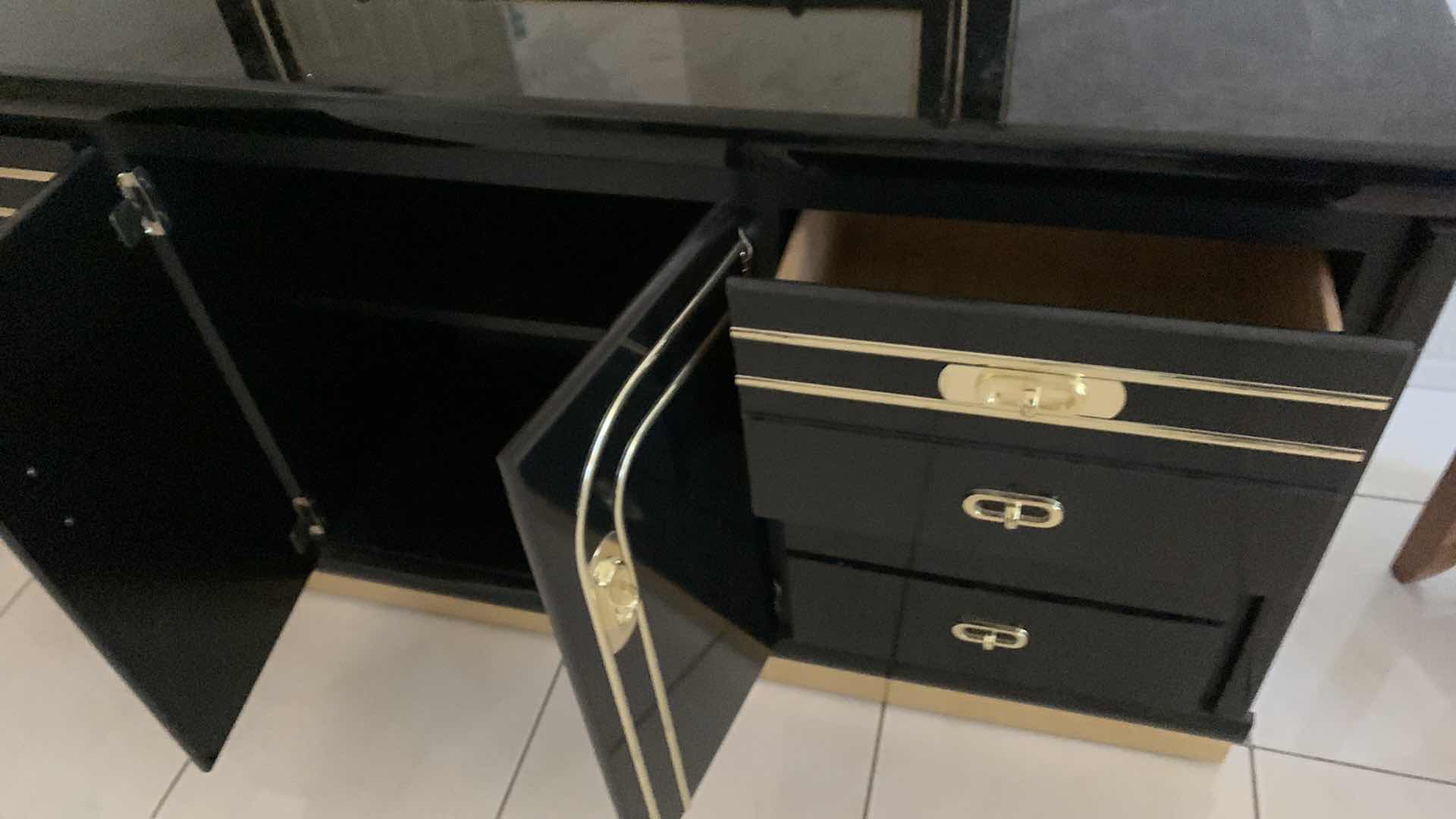 Photo 1 of 1980'S ART DECO REVIVAL-HIGH GLOSS LACQUER GOLD & BLACK MIRRORED DRESSER  83” X 17” H 72”