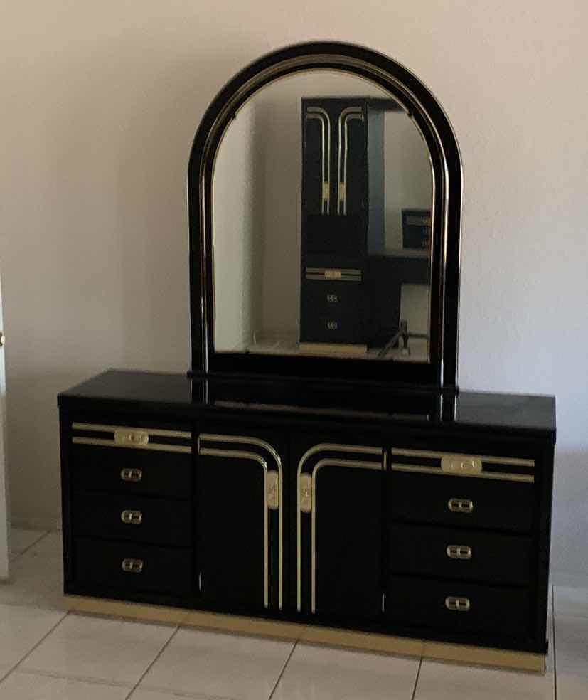 Photo 1 of 1980'S ART DECO REVIVAL-HIGH GLOSS LACQUER GOLD & BLACK MIRRORED DRESSER  83” X 17” H 72”