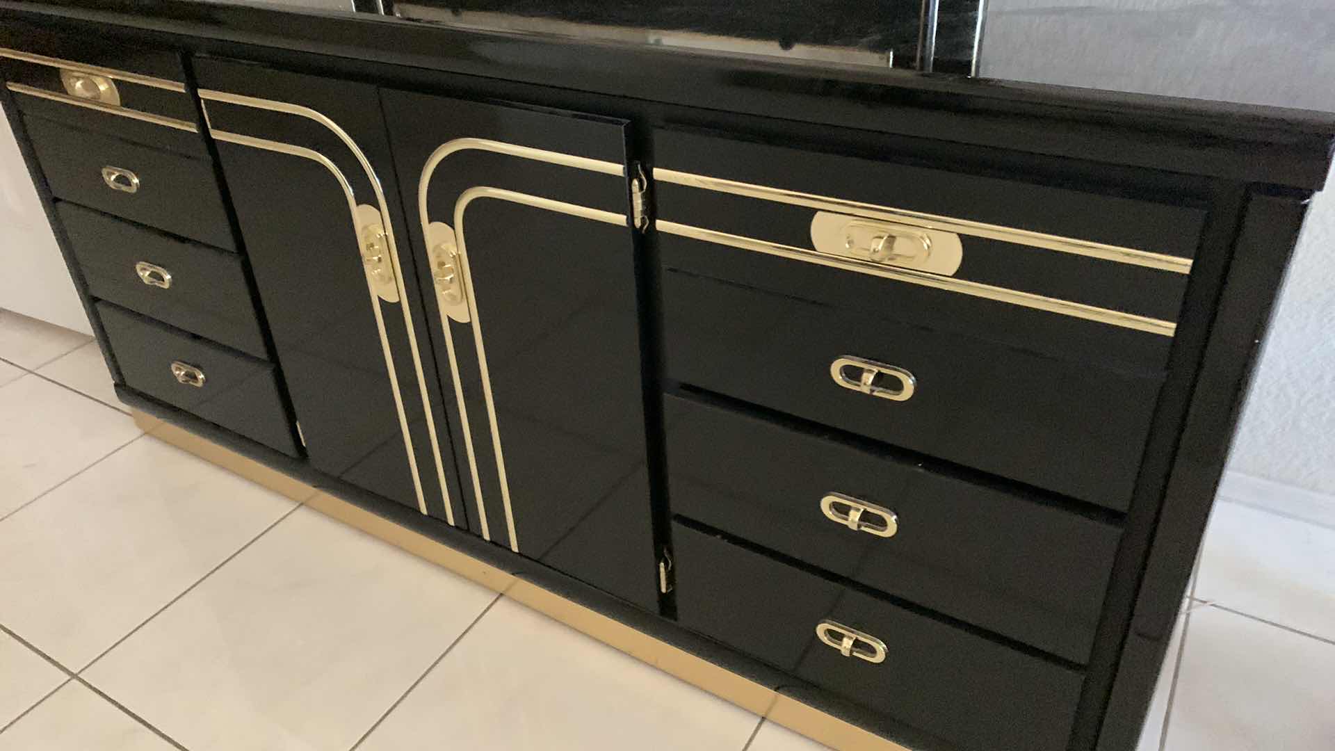 Photo 1 of 1980'S ART DECO REVIVAL-HIGH GLOSS LACQUER GOLD & BLACK MIRRORED DRESSER  83” X 17” H 72”