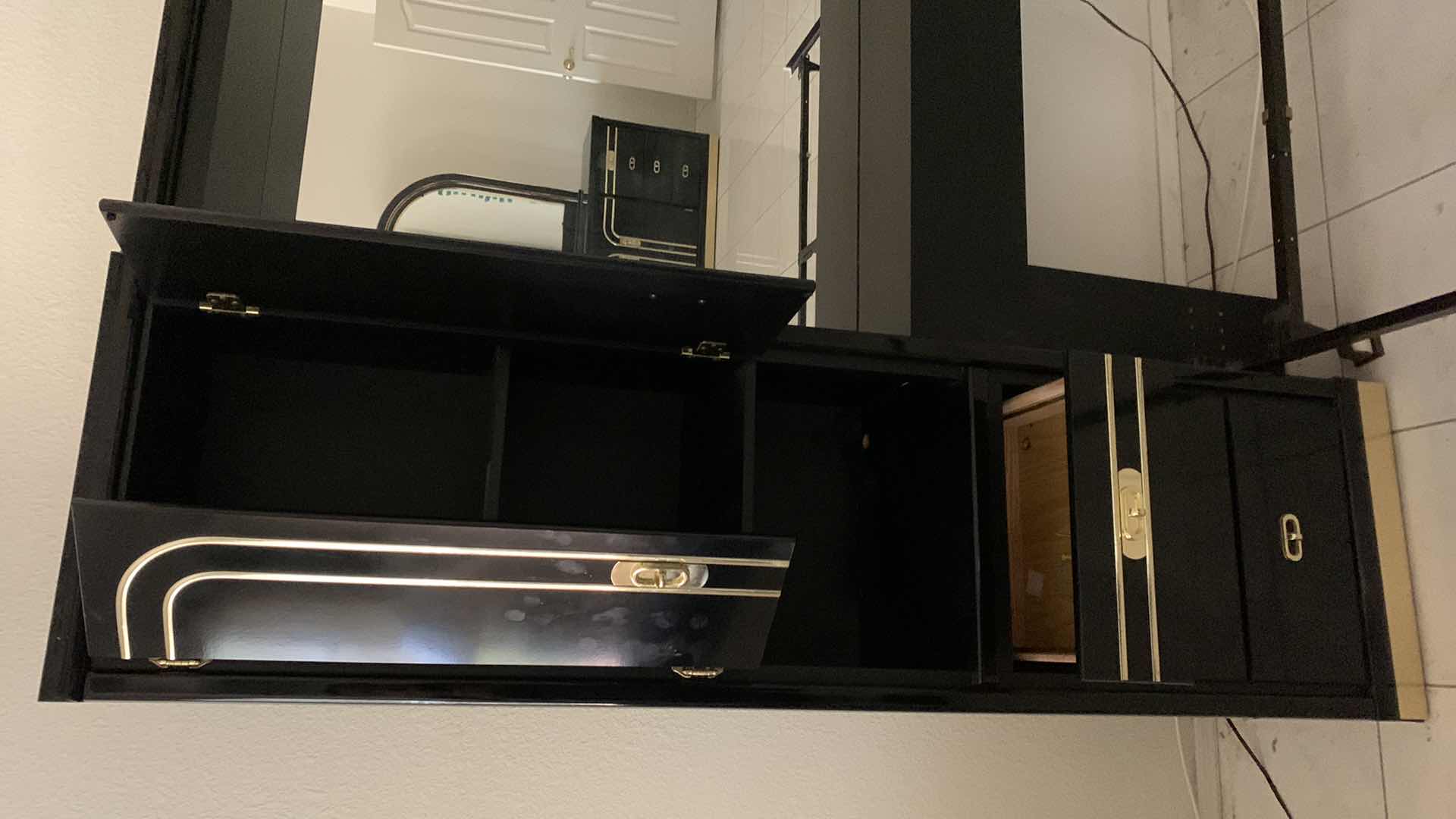 Photo 1 of 1980'S ART DECO REVIVAL HIGH GLOSS LACQUER BLACK & GOLD KING HEADBOARD  123” X 17” H 76”