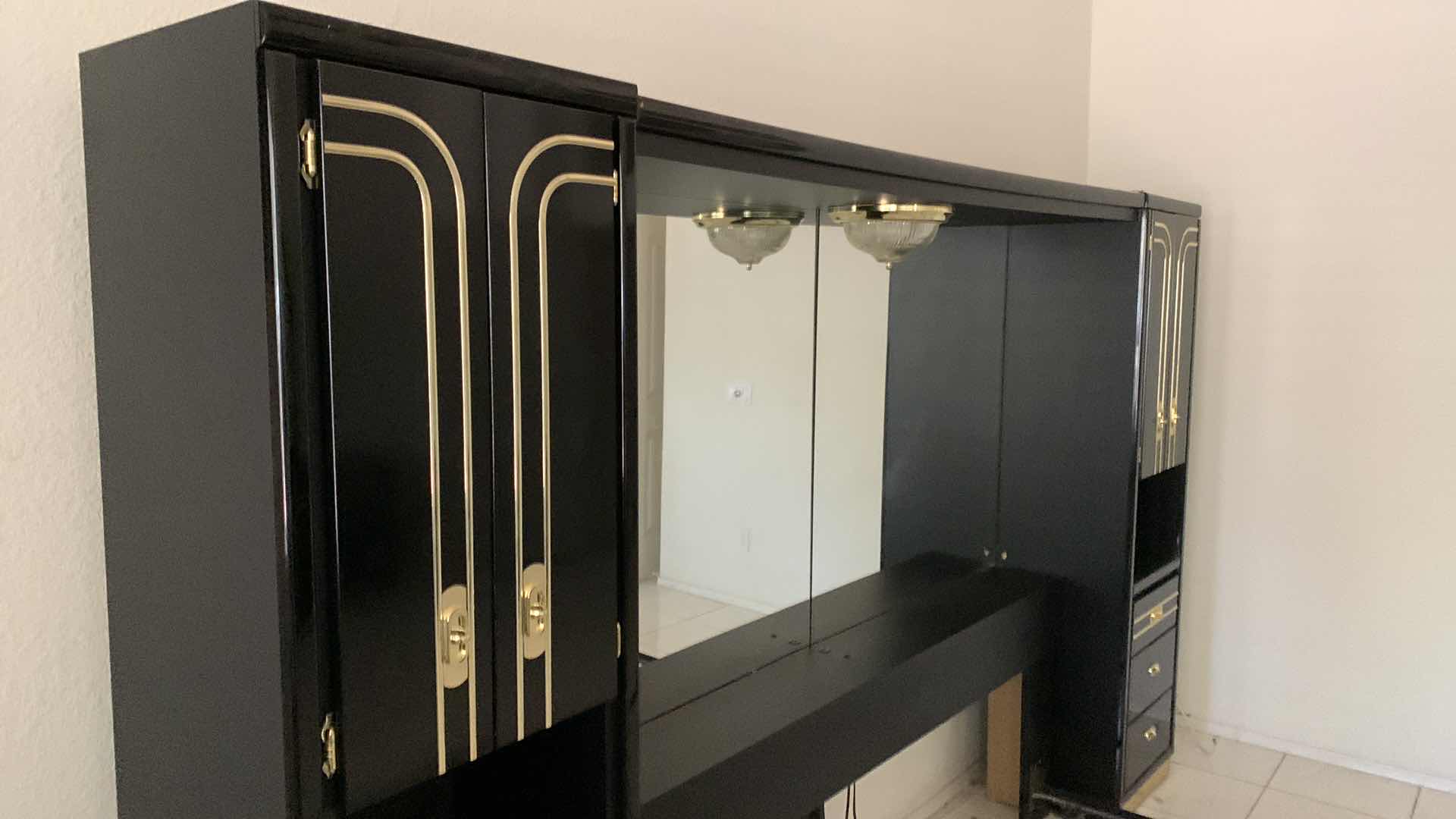 Photo 1 of 1980'S ART DECO REVIVAL HIGH GLOSS LACQUER BLACK & GOLD KING HEADBOARD  123” X 17” H 76”