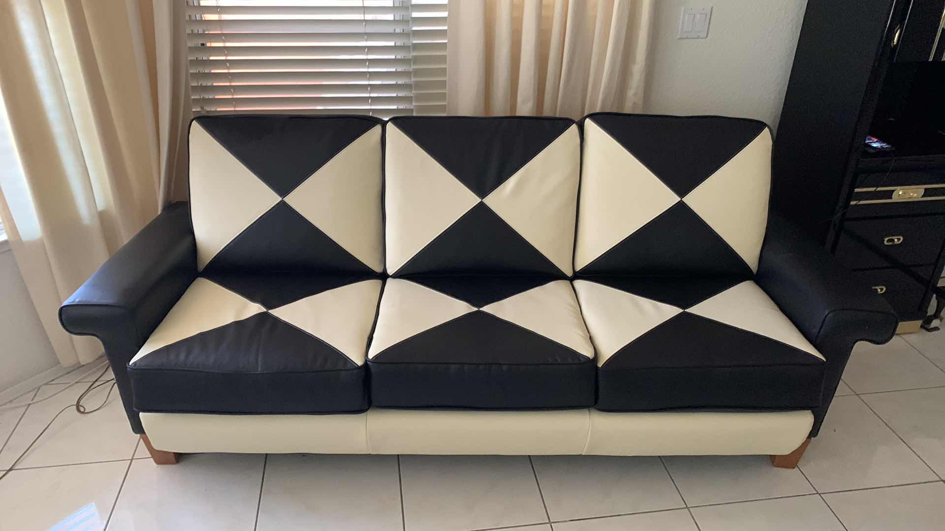 Photo 1 of TODD OLDHAM LA-Z-BOY BLACK & TAN GEOMETRIC PRINT LEATHER SOFA 83” X 36” H 37”