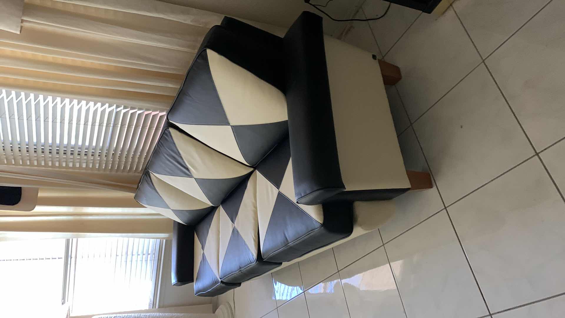 Photo 2 of TODD OLDHAM LA-Z-BOY BLACK & TAN GEOMETRIC PRINT LEATHER SOFA 83” X 36” H 37”