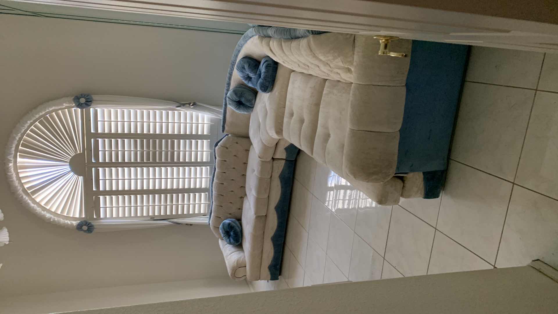 Photo 1 of GAINES SECTIONAL SOFA BEIGE W BLUE ACCENT VELOUR UPHOLSTERY