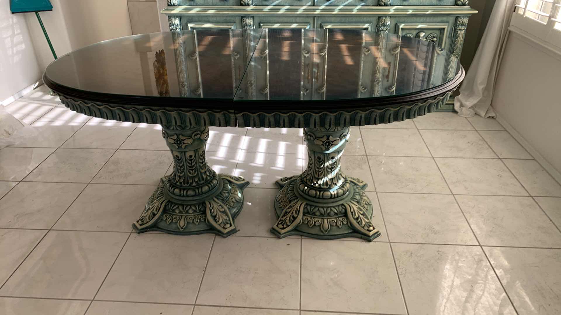Photo 1 of VINTAGE INSPIRED TUSCAN, JADE COLORED DOUBLE PEDESTAL DINING TABLE W PROTECTIVE GLASS TOP 67” X 43” H 32”