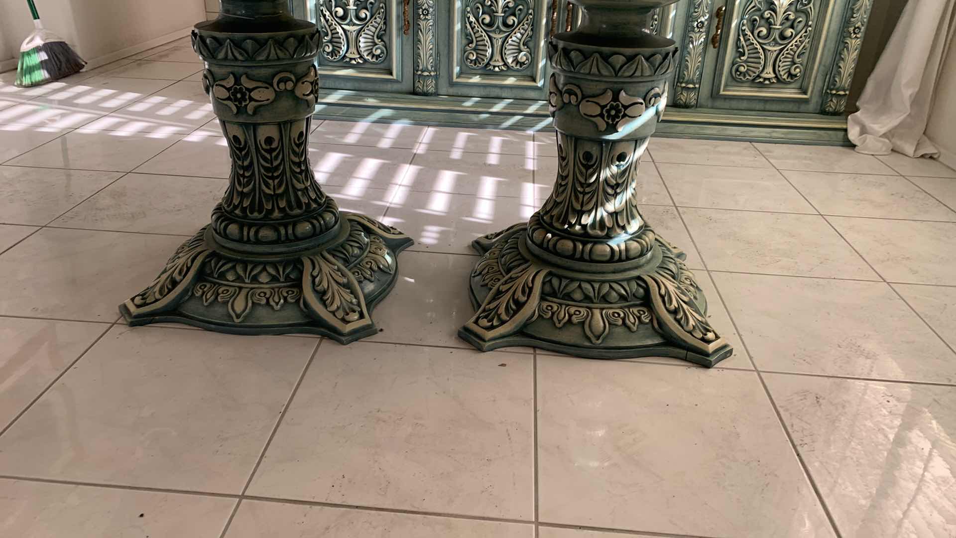 Photo 2 of VINTAGE INSPIRED TUSCAN, JADE COLORED DOUBLE PEDESTAL DINING TABLE W PROTECTIVE GLASS TOP 67” X 43” H 32”