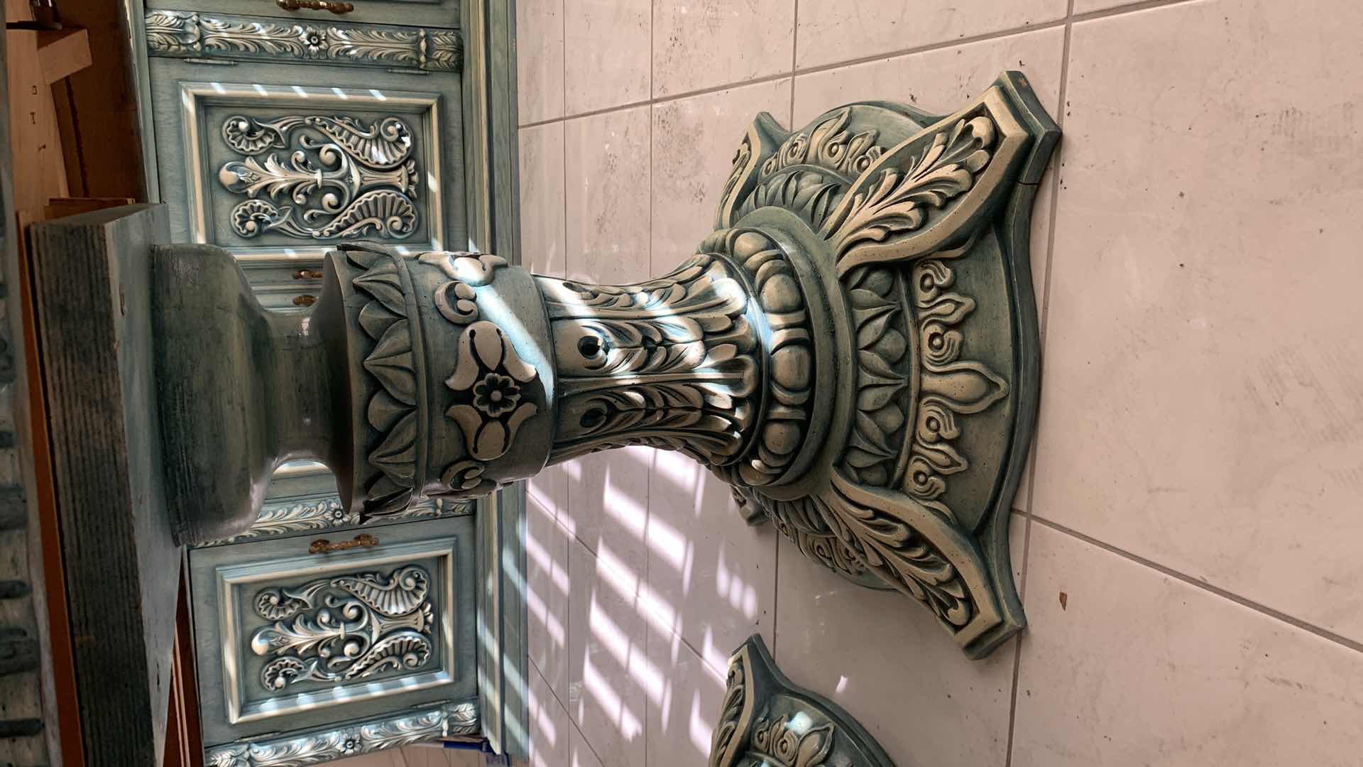 Photo 1 of VINTAGE INSPIRED TUSCAN, JADE COLORED DOUBLE PEDESTAL DINING TABLE W PROTECTIVE GLASS TOP 67” X 43” H 32”