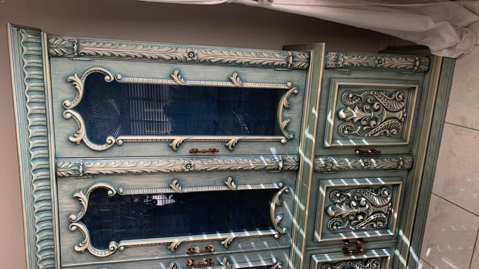 Photo 1 of VINTAGE INSPIRED FRENCH STYLE ORNATE JADE BUFFET HUTCH W GLASS DOORS 88” X 20” H 83”