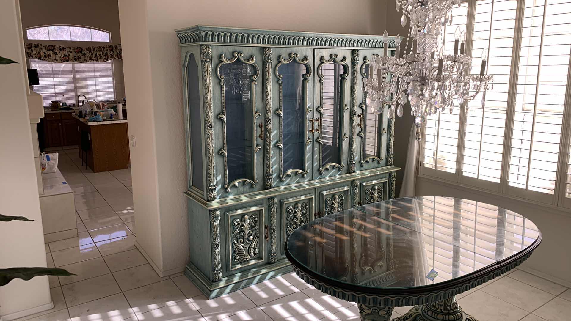 Photo 5 of VINTAGE INSPIRED FRENCH STYLE ORNATE JADE BUFFET HUTCH W GLASS DOORS 88” X 20” H 83”