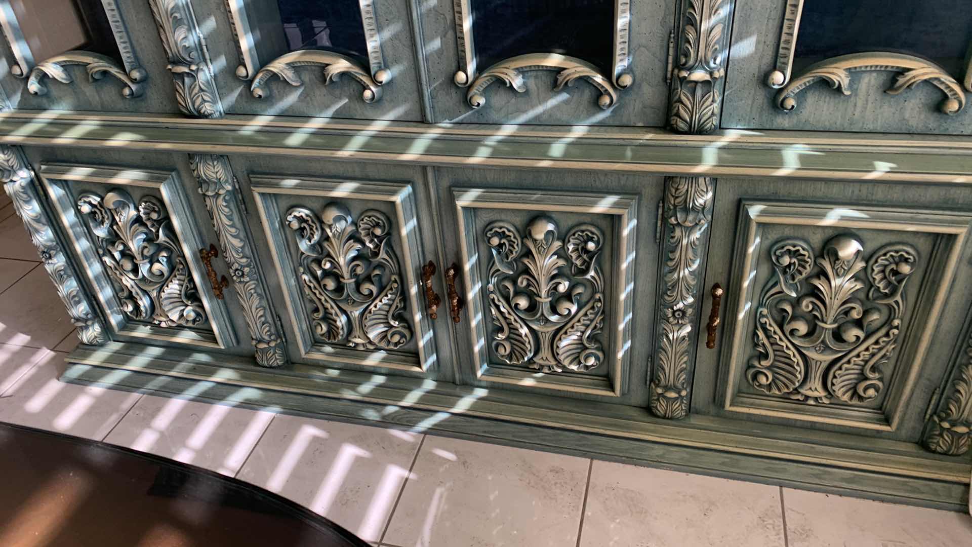 Photo 4 of VINTAGE INSPIRED FRENCH STYLE ORNATE JADE BUFFET HUTCH W GLASS DOORS 88” X 20” H 83”