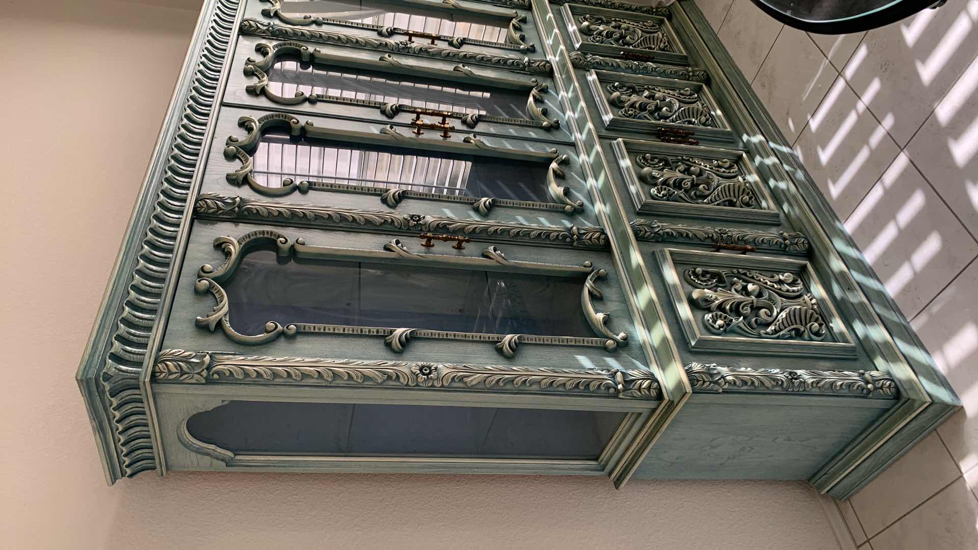 Photo 6 of VINTAGE INSPIRED FRENCH STYLE ORNATE JADE BUFFET HUTCH W GLASS DOORS 88” X 20” H 83”