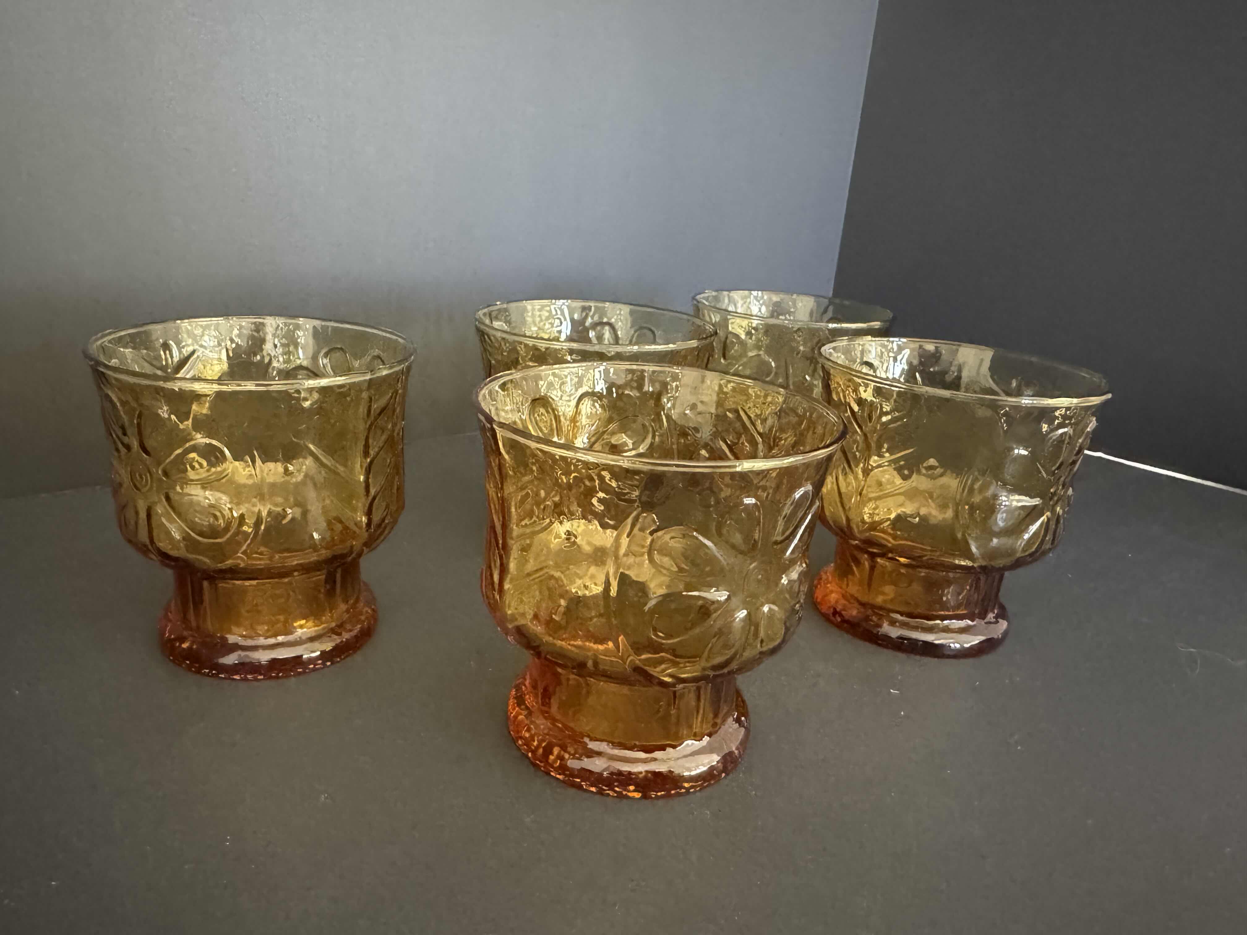 Photo 1 of 5 ANCHOR HOCKING VINTAGE AMBER RAIN FLOWER LOW BALL GLASSES