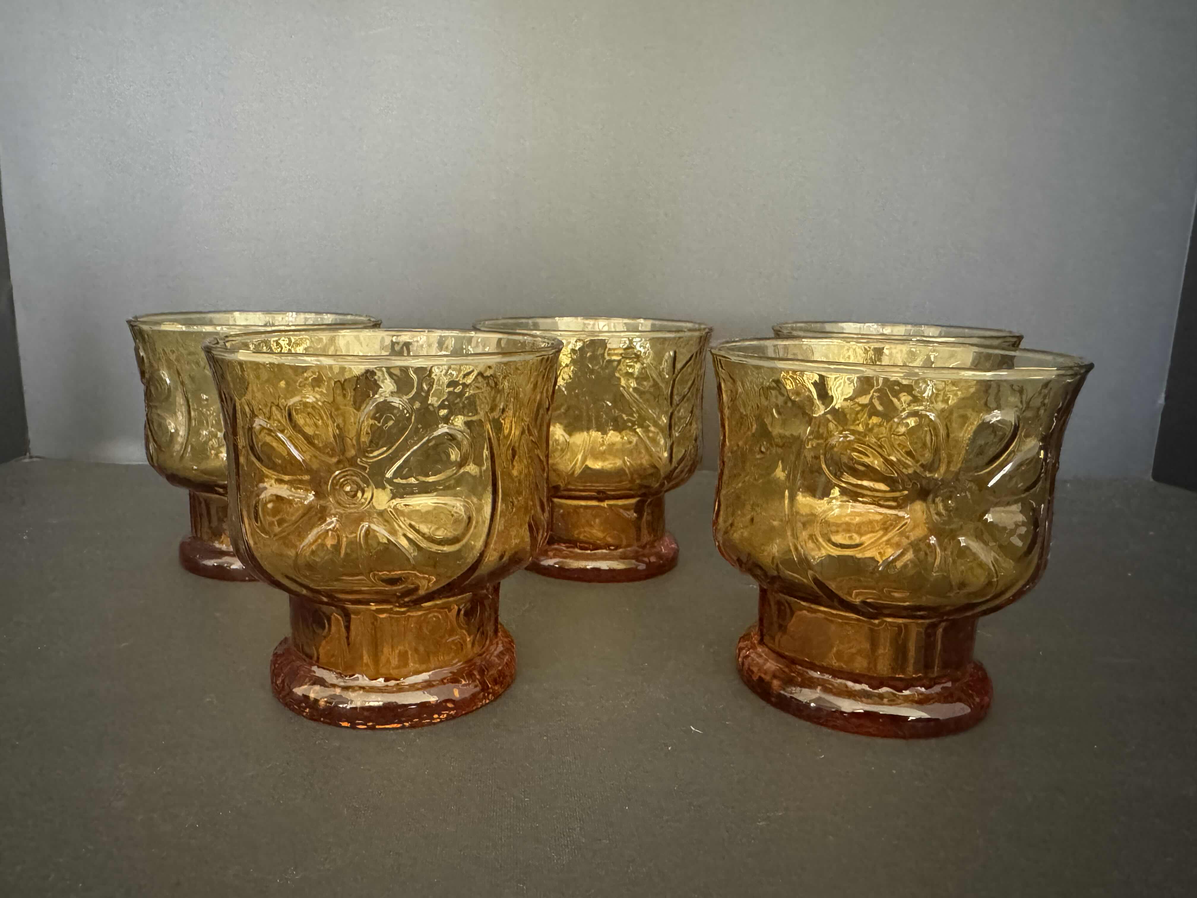 Photo 2 of 5 ANCHOR HOCKING VINTAGE AMBER RAIN FLOWER LOW BALL GLASSES