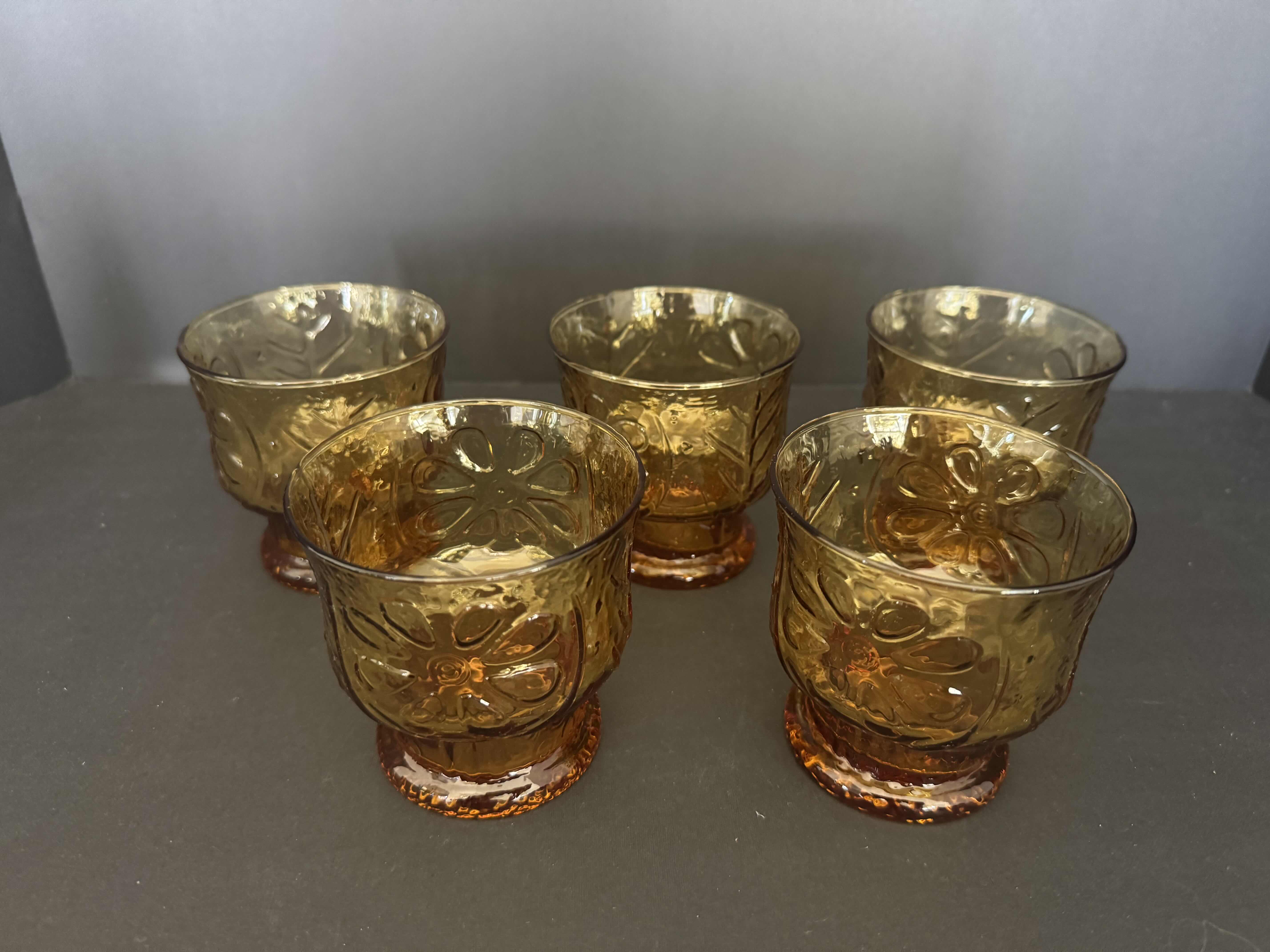 Photo 1 of 5 ANCHOR HOCKING VINTAGE AMBER RAIN FLOWER LOW BALL GLASSES