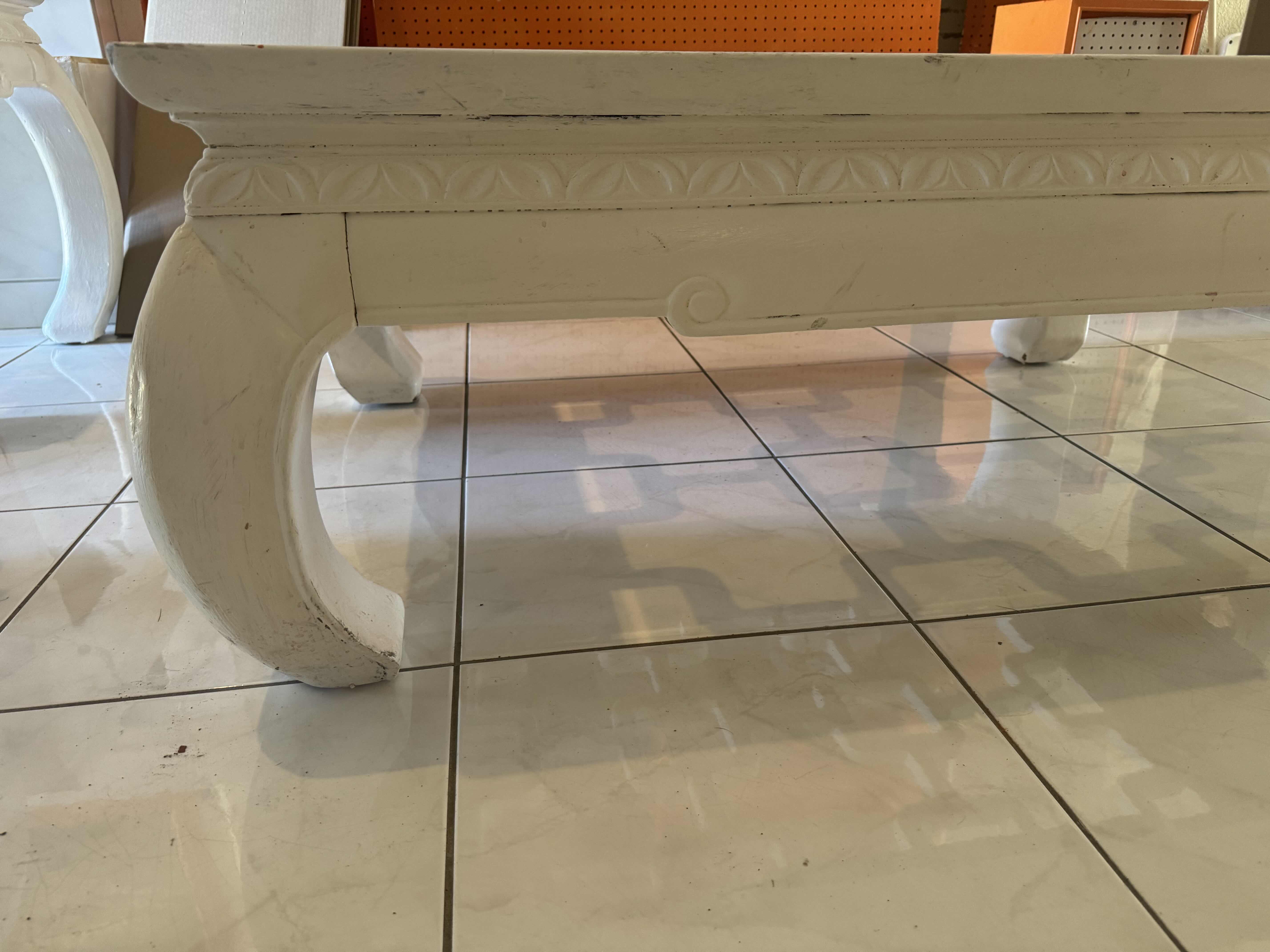 Photo 1 of WHITE PAINTED SOLID WOOD COFFEE TABLE WITH GLASS INLAY.  48“ x 34“ H 18”