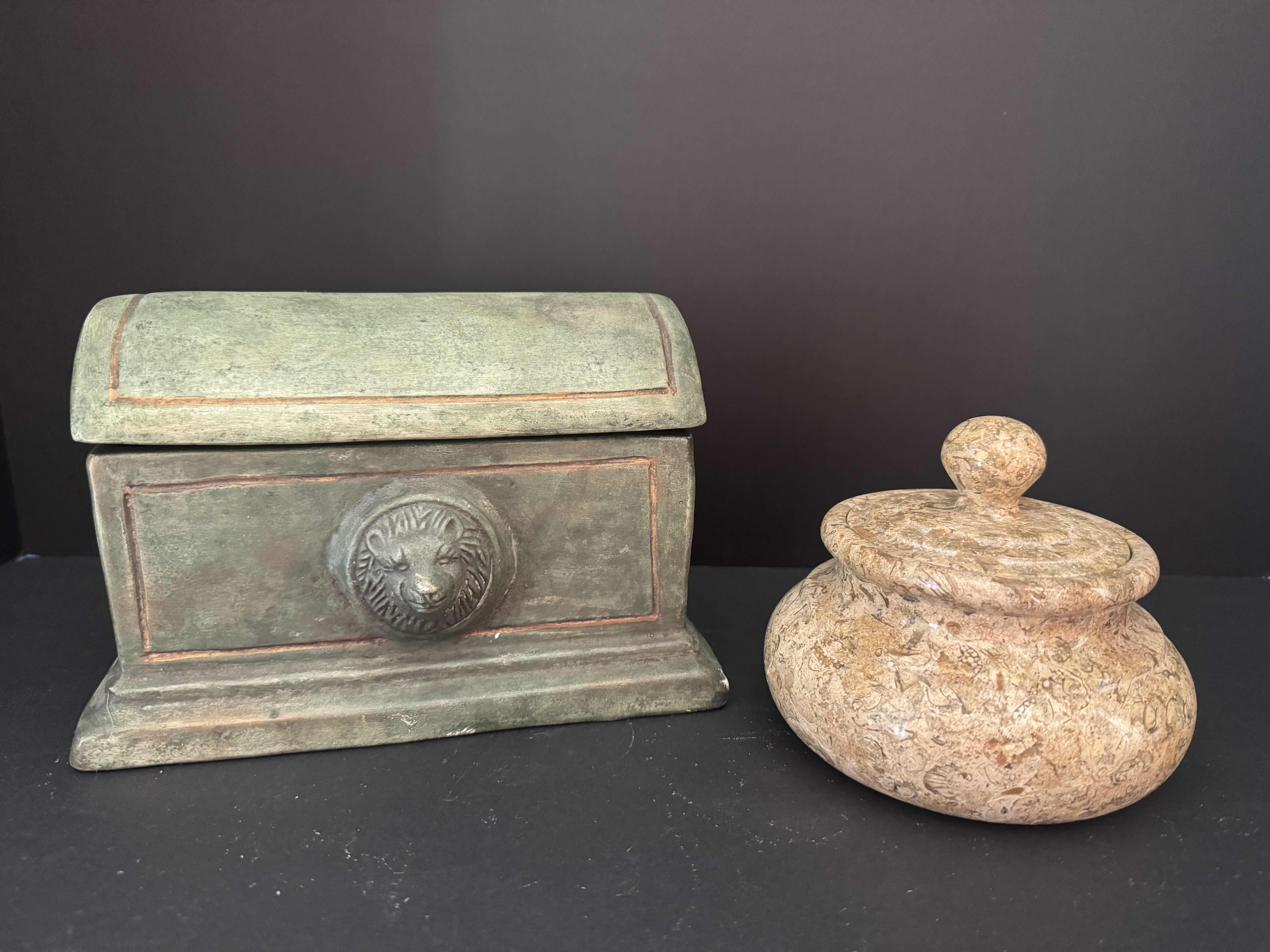 Photo 1 of 2 -LIDDED STONE AND CERAMIC DECORATIVE CONTAINERS