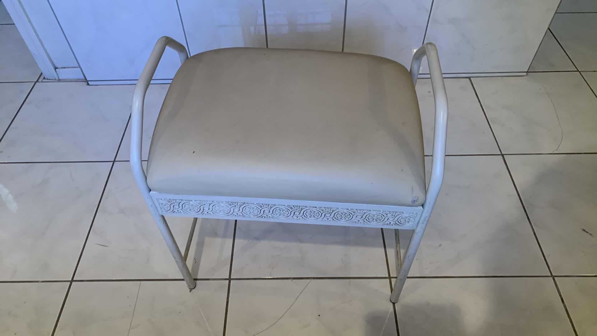 Photo 1 of DECORATIVE WHITE PADDED VANITY STOOL FOR BATHROOM OR CLOSET