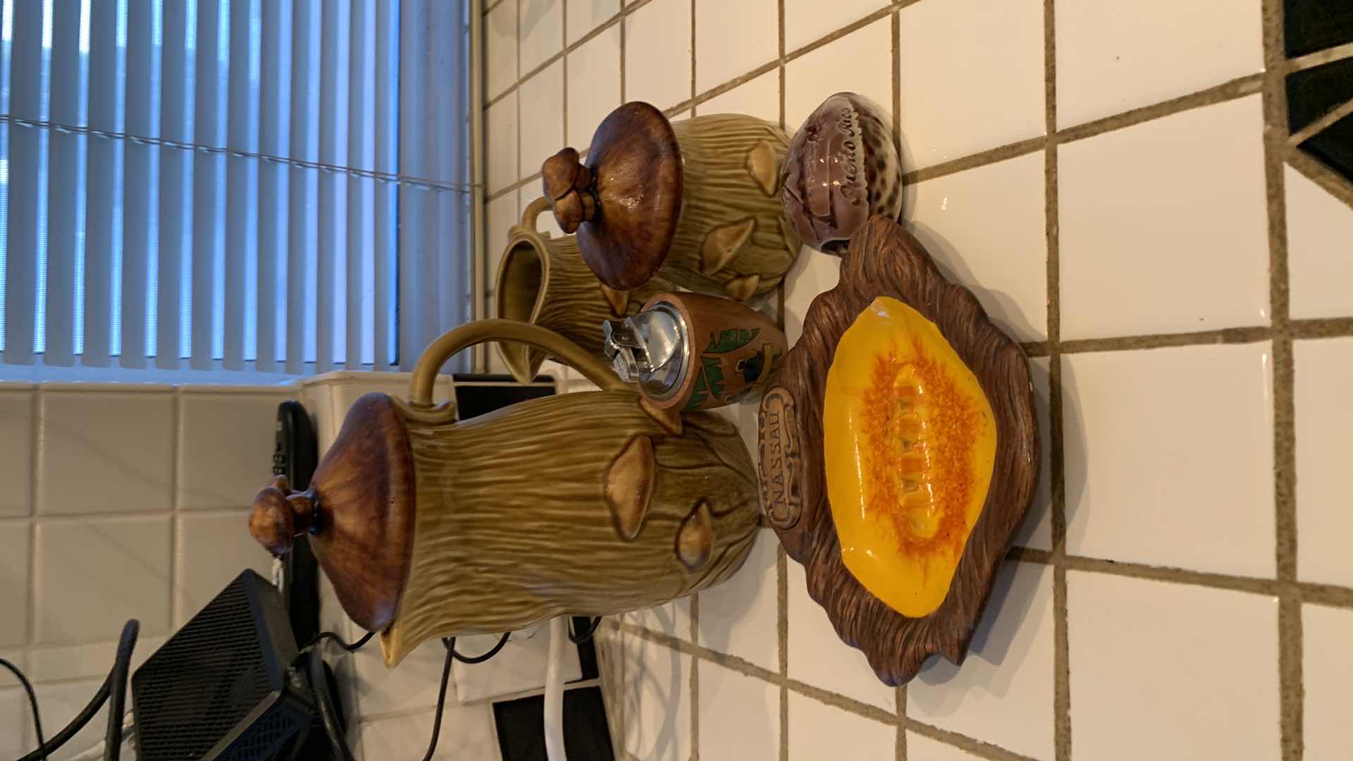 Photo 1 of ASSORTED KITCHEN ITEMS. MUSHROOM COFFEE CARAFE WITH MATCHING SUGAR AND CREAMER HOLDERS.