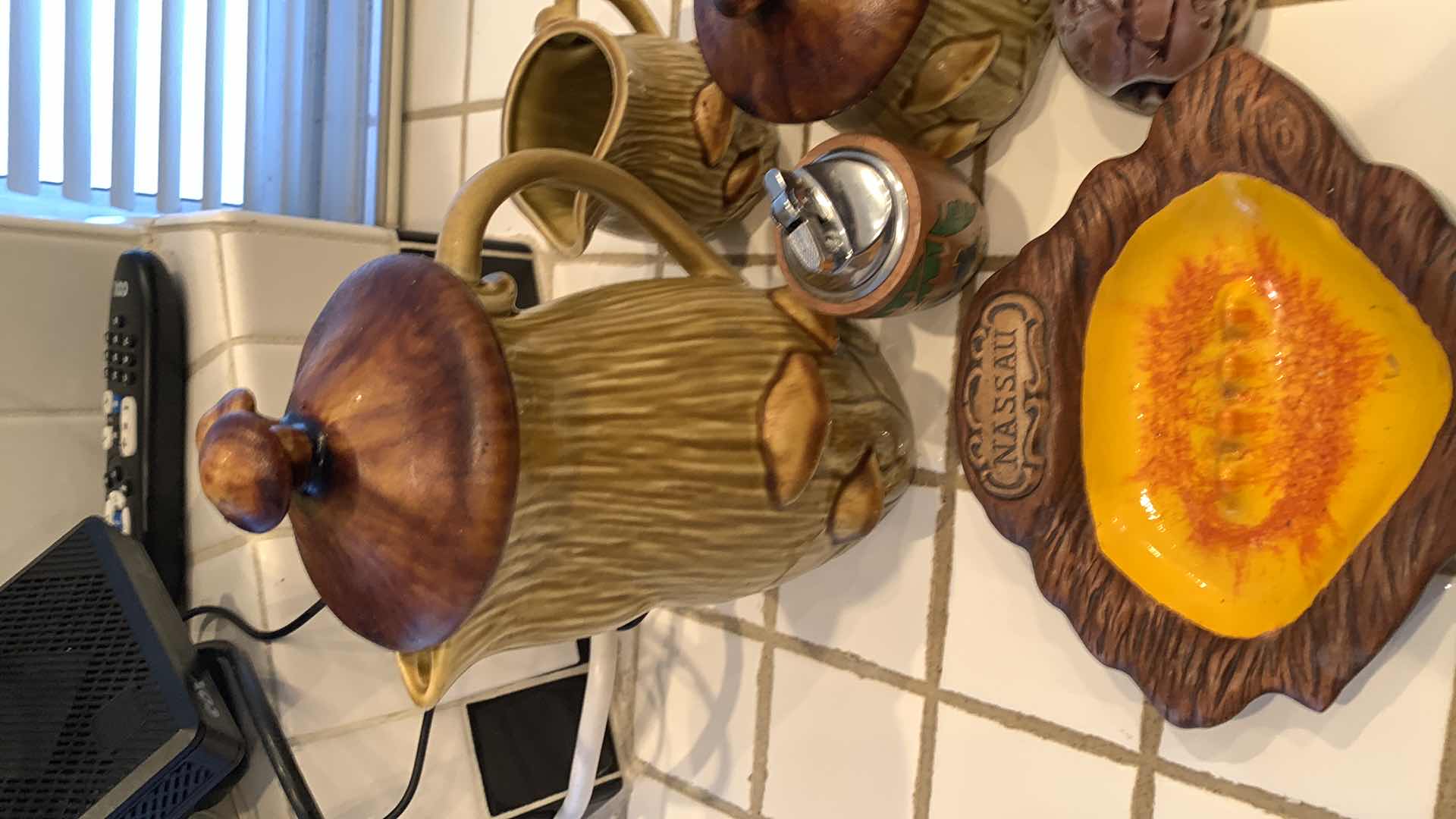 Photo 2 of ASSORTED KITCHEN ITEMS. MUSHROOM COFFEE CARAFE WITH MATCHING SUGAR AND CREAMER HOLDERS.