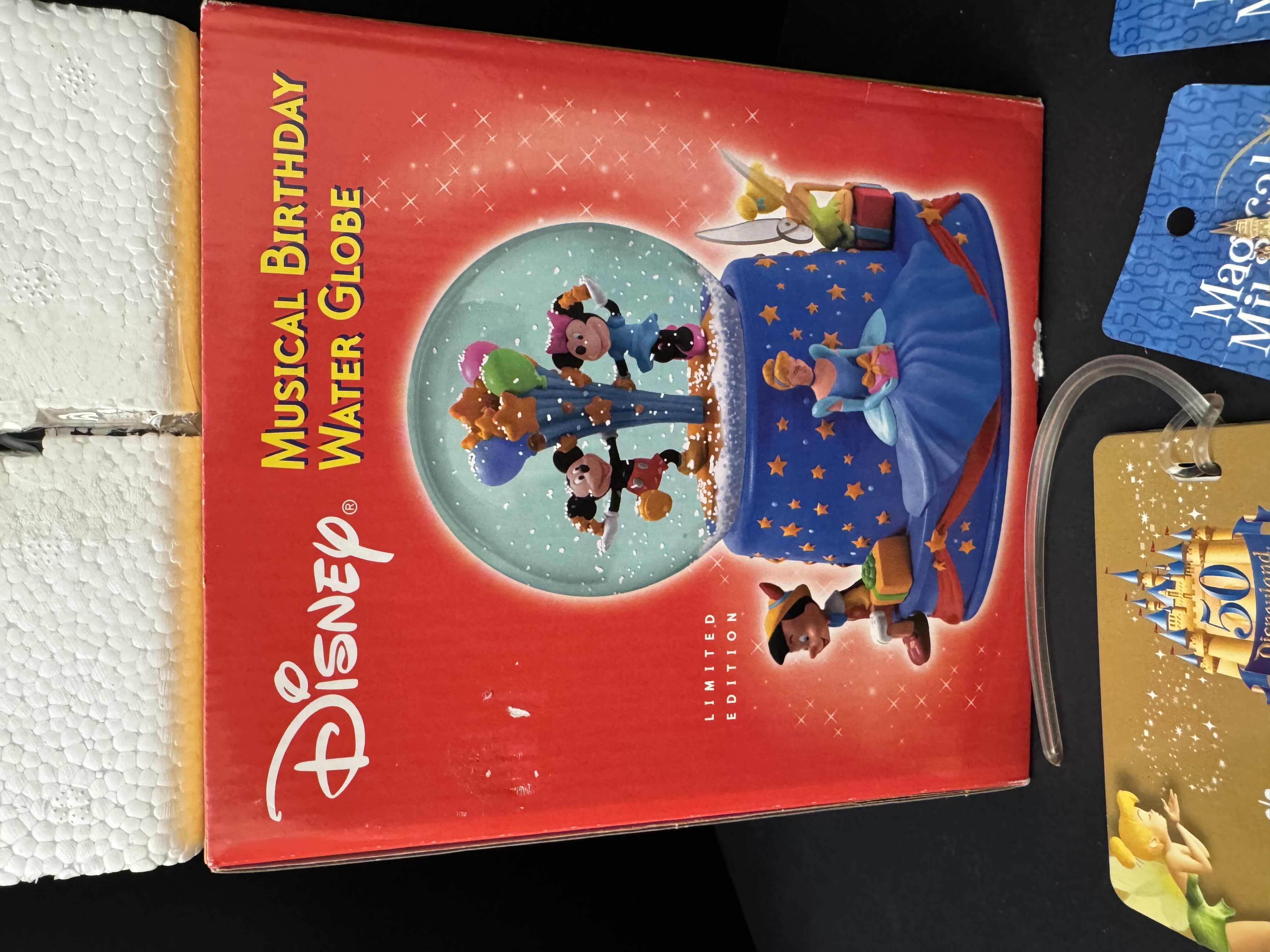 Photo 1 of 10- COLLECTIBLE DISNEY ITEMS (1) NIB MUSICAL BIRTHDAY WATER GLOBE AND (1) LUGGAGE TAG AND (8) COLLECTIBLE PINS