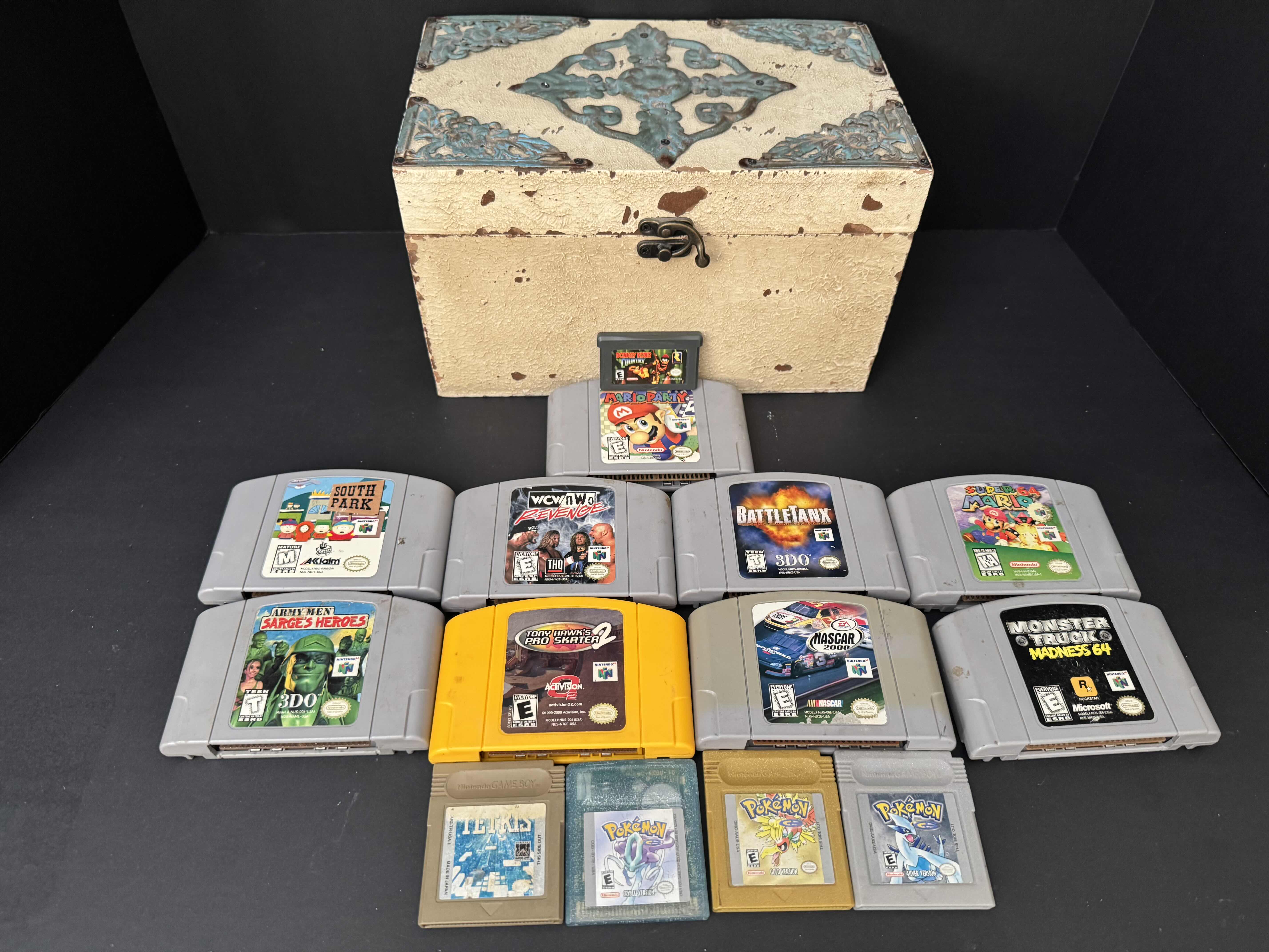 Photo 1 of DECORATIVE WOOD BOX WITH 9 NINTENDO 64 GAMES, 5 GAME BOY GAMES