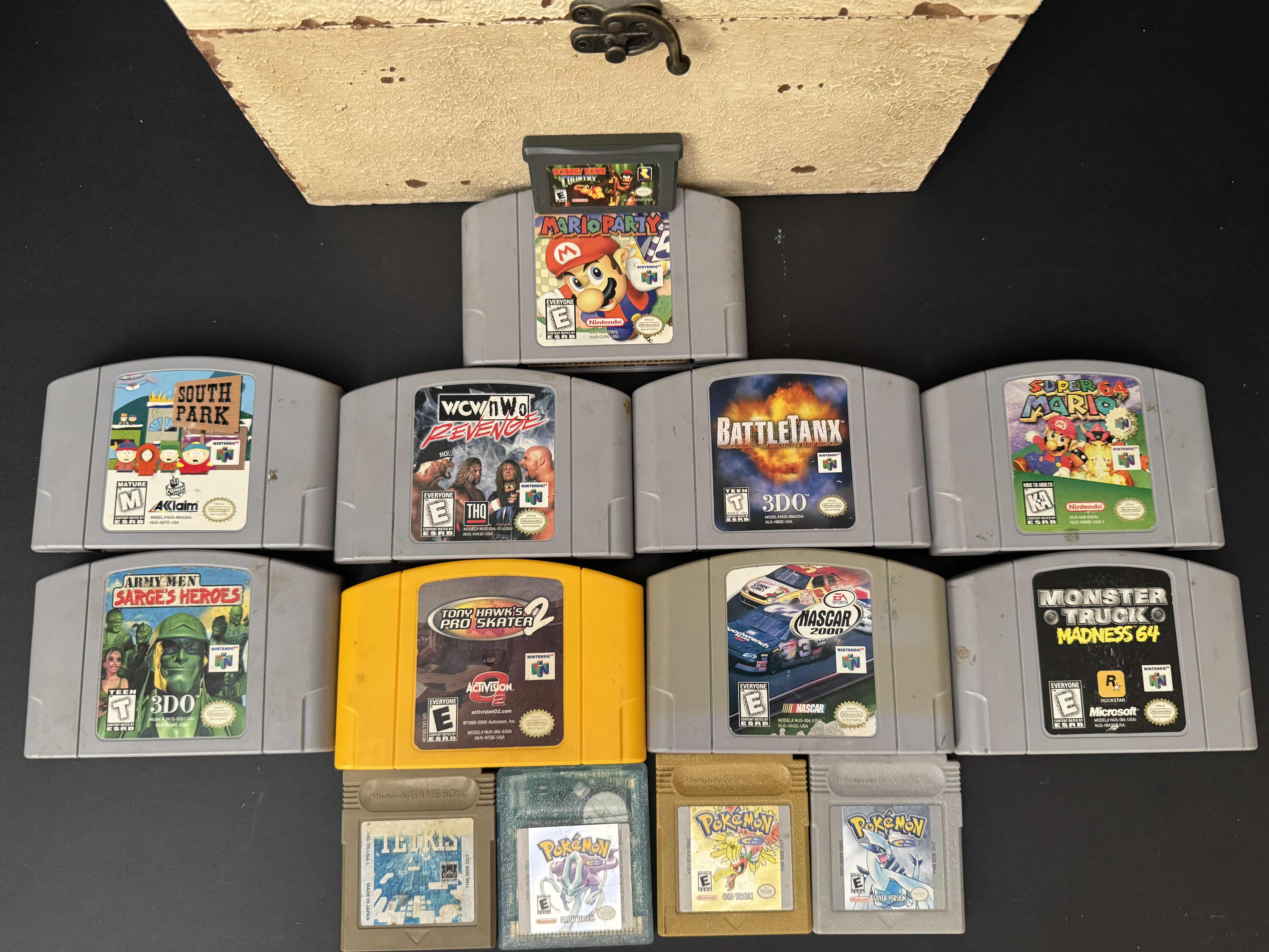 Photo 1 of DECORATIVE WOOD BOX WITH 9 NINTENDO 64 GAMES, 5 GAME BOY GAMES