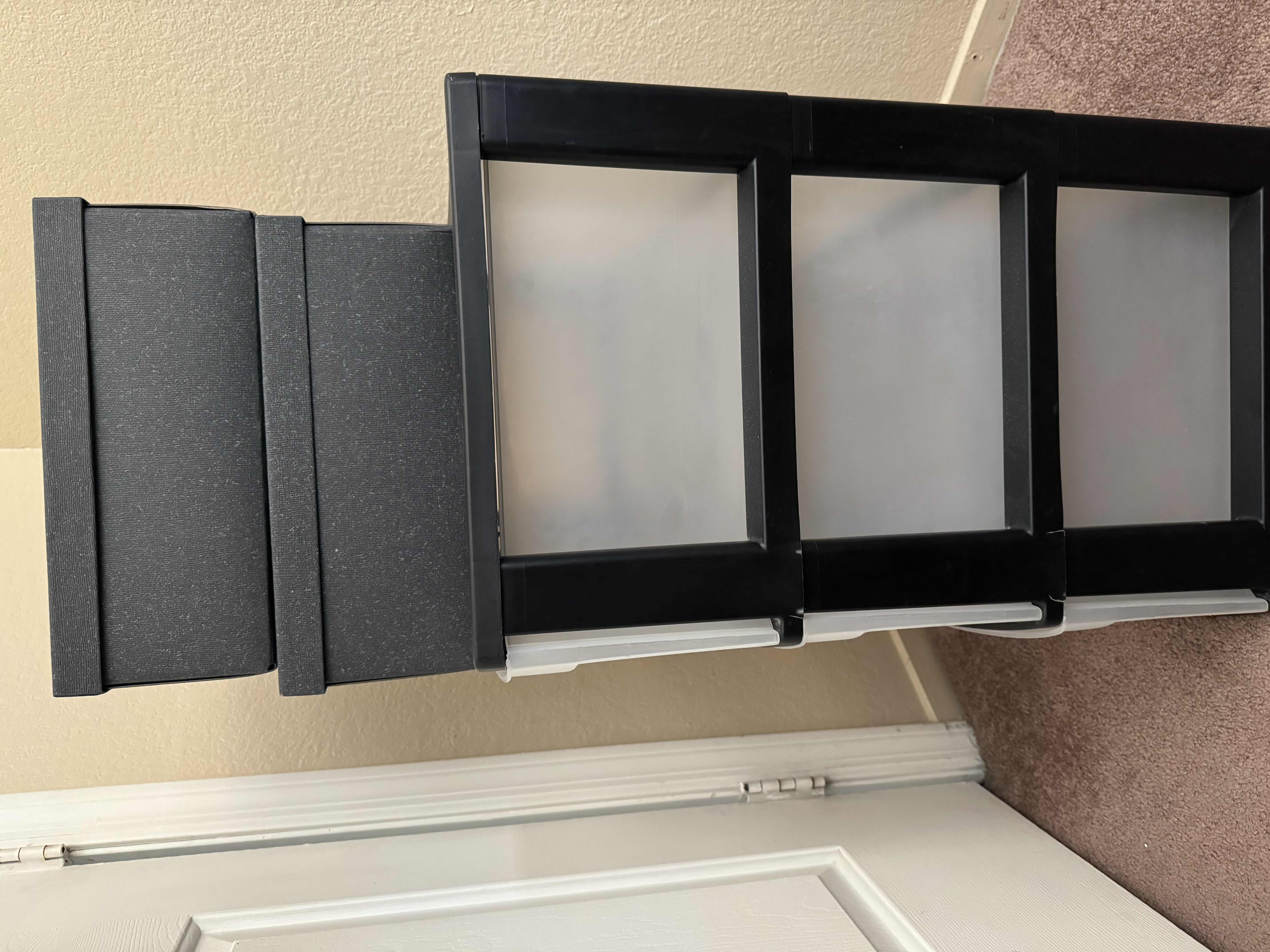 Photo 1 of 3 CONTAINERS (1) PLASTIC 4 DRAWER CONTAINER 22” X 16” H 24”
(2)-CARD BOARD DECORATIVE BOXES 10” X 13” H 6”